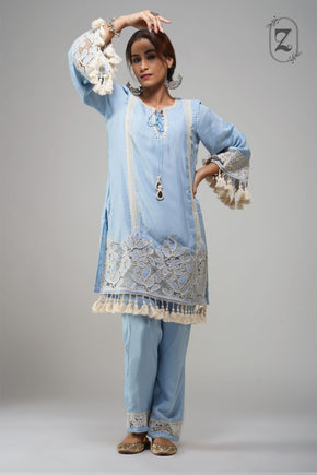 Sky Blue Cotton Tunic Set - Noor-e-Rang