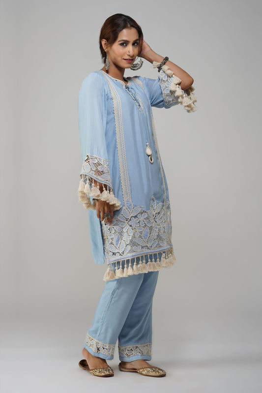 Sky Blue Cotton Tunic Set - Noor-e-Rang