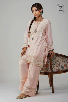 Straight Tunic Set Pastel Pink Cotton - Noor-e-Rang