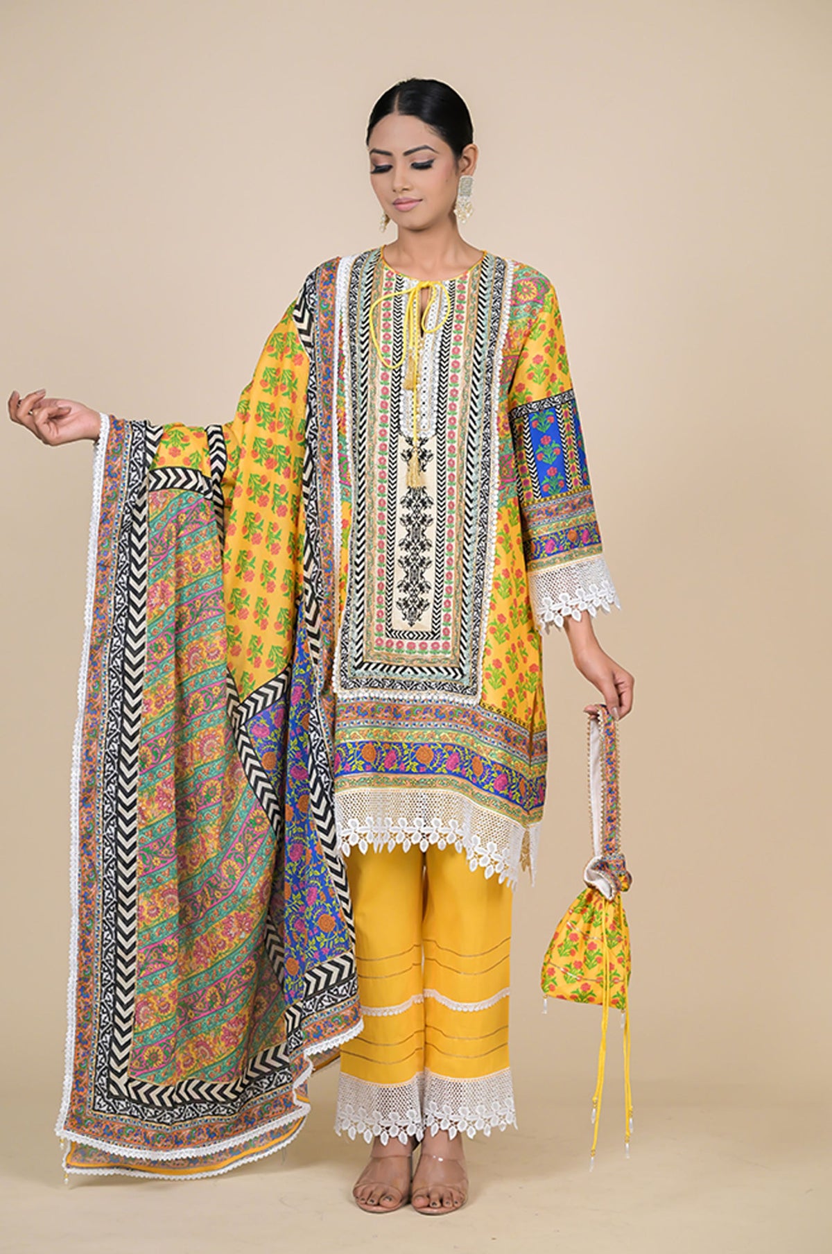 Sunshine Yellow Cotton Muslin Suit with Multicolor Dupatta & Potli Bag