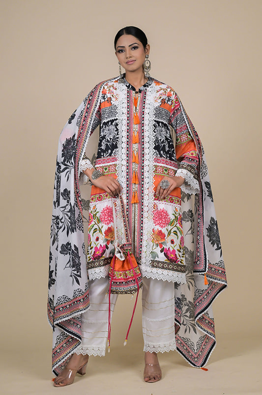 Orange & Black Cotton Muslin Suit Set with Digital Floral Print