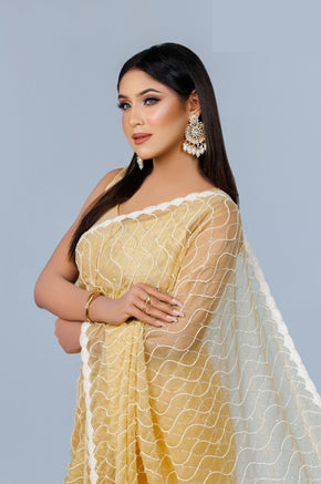 Pastel Yellow Wave-Pattern Saree - Zaalima Fashion