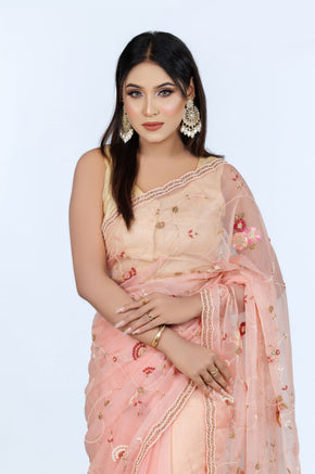 Peach Floral Embroidered Organza Saree - Zaalima Fashion