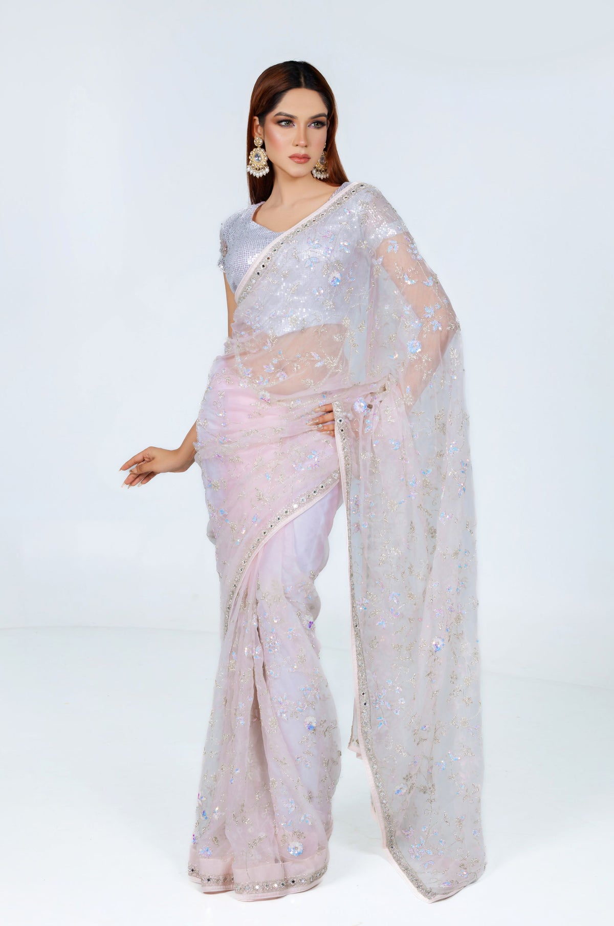 Lavender Shimmer Embroidered Organza Saree - Zaalima Fashion