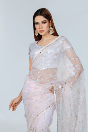 Lavender Shimmer Embroidered Organza Saree - Zaalima Fashion