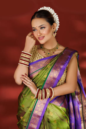 Green & Purple Kanjivaram Silk Saree with Zari Work
