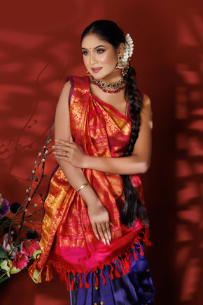 Radiant Red & Navy Blue Kanjivaram Silk Saree with Golden Zari