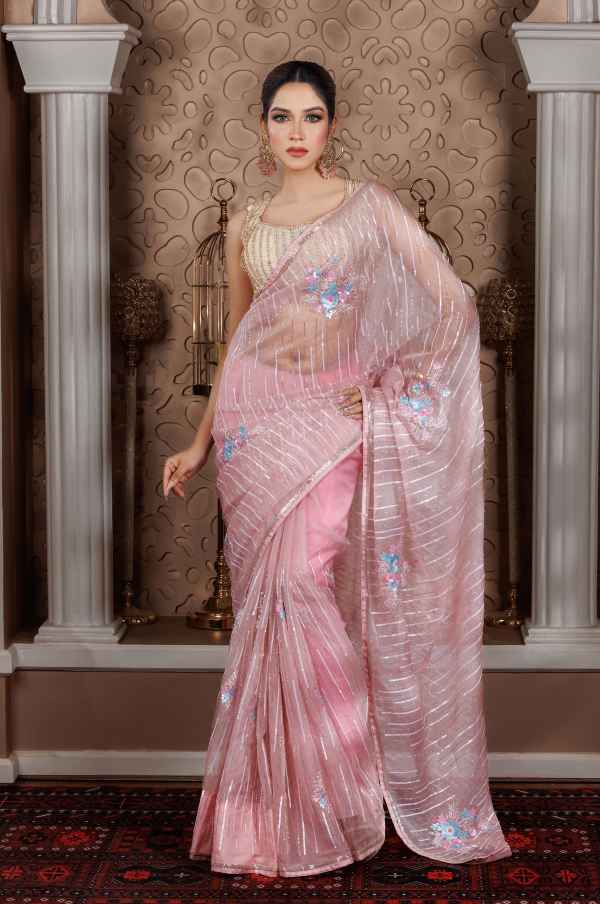 Blush Pink Organza Saree with Sequin & Floral Embroidery - Zaalima Fashion