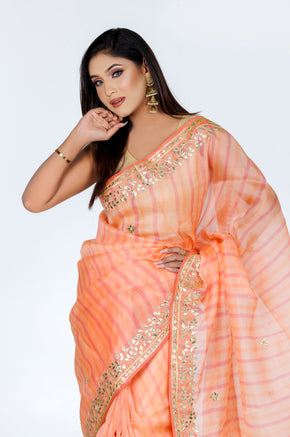 Peach Striped Organza Saree with Golden Embroidery - Zaalima Fashion