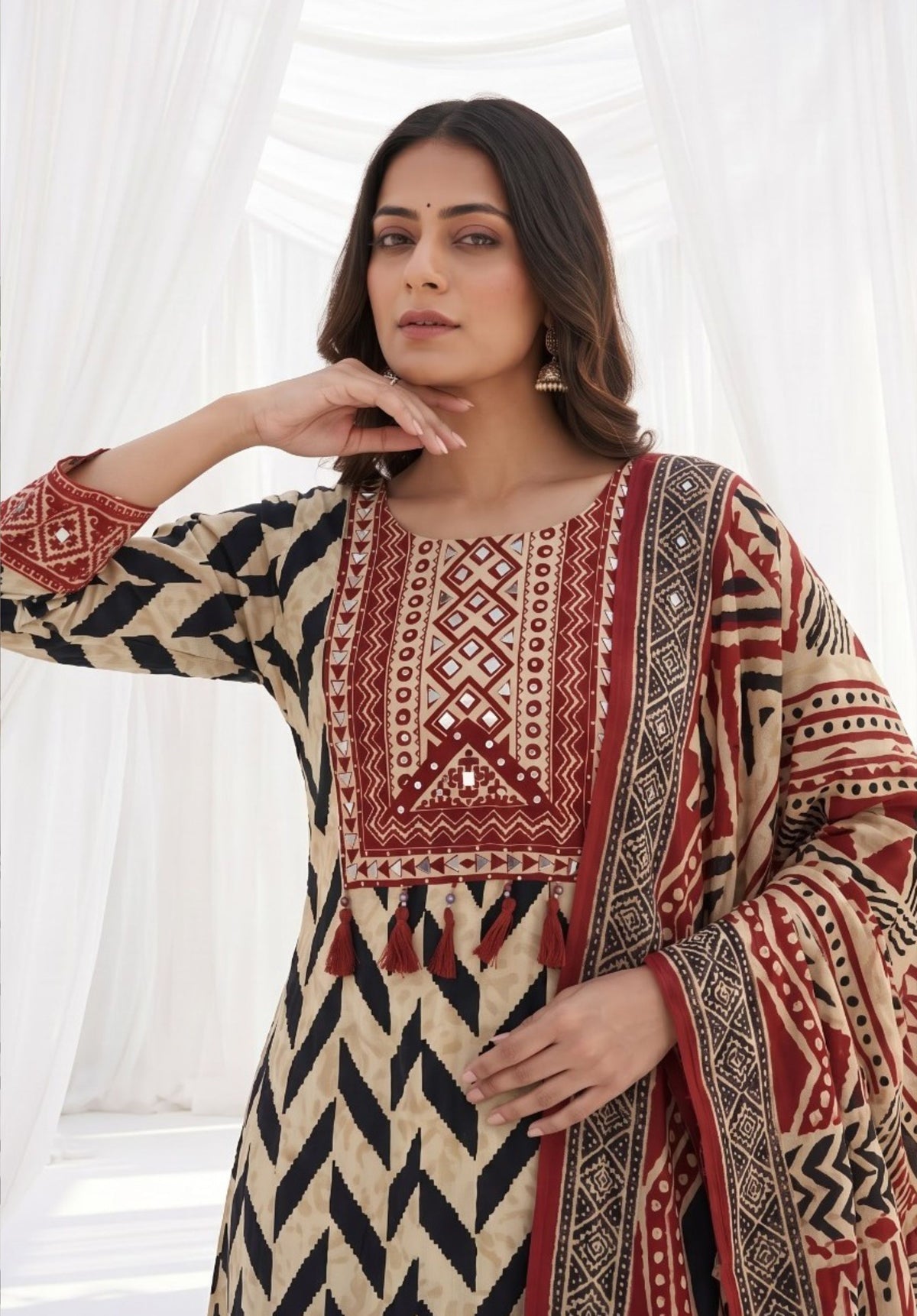 Black Cream Red Printed Viscose Crepe Palazzo Suit Set