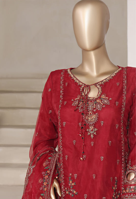 Red Embroidered Cutwork Organza Suit with Farshi Salwar - Sadabahar