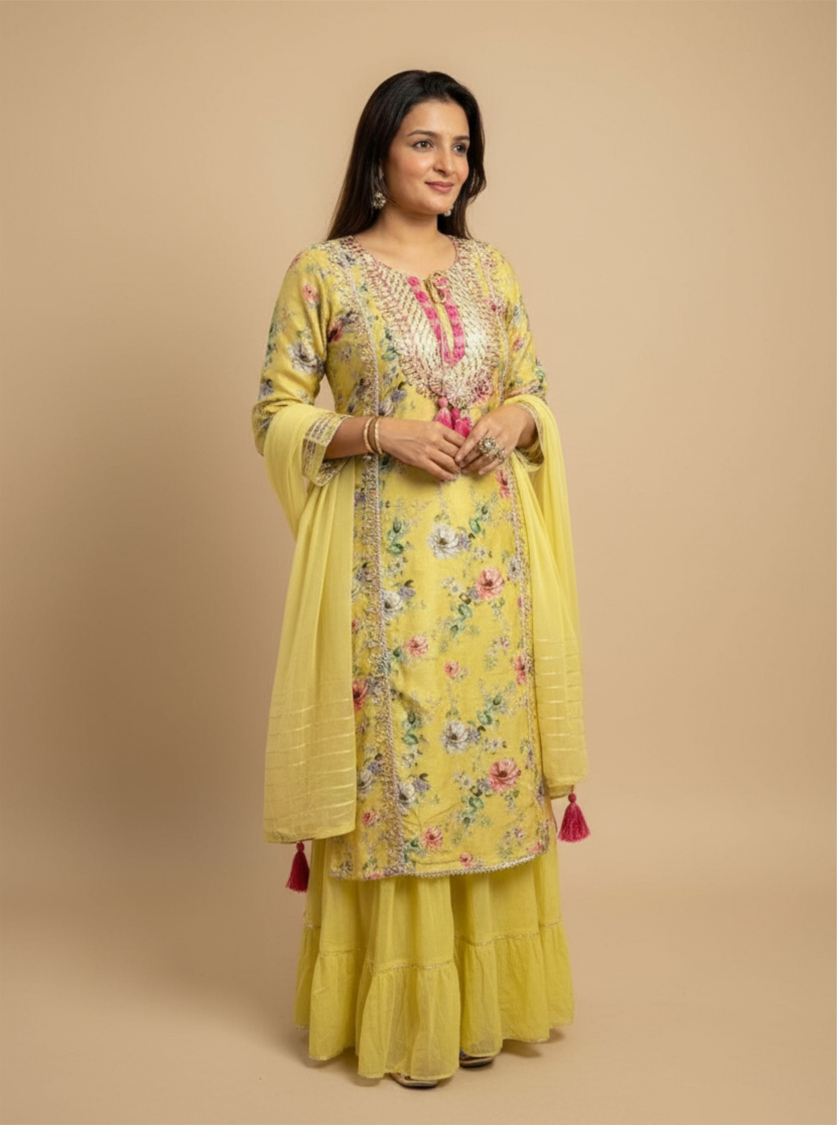 Embroidered Printed Linen Suit Set – Yellow Floral Skirt Festive Wear