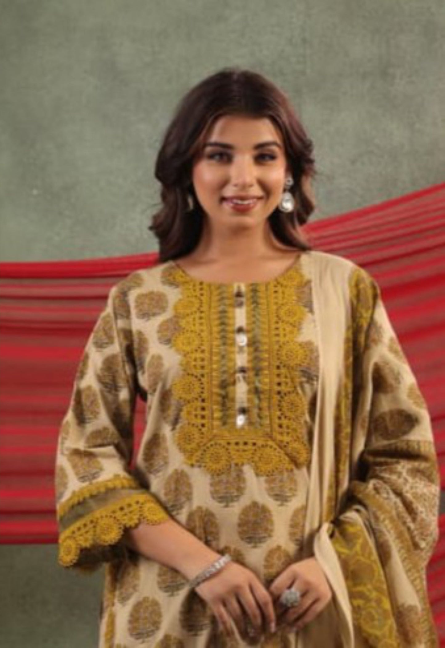 Nazakat Mustard Printed Cotton Suit Set with Dupatta for Festive & Ethnic Wear