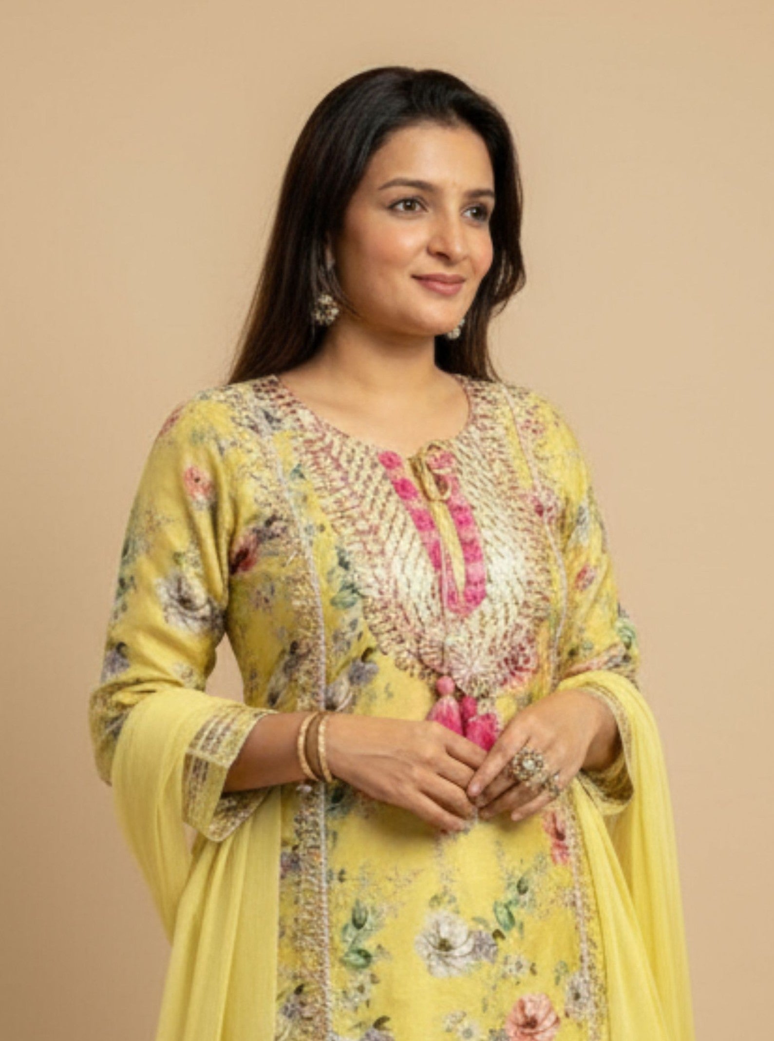 Embroidered Printed Linen Suit Set – Yellow Floral Skirt Festive Wear