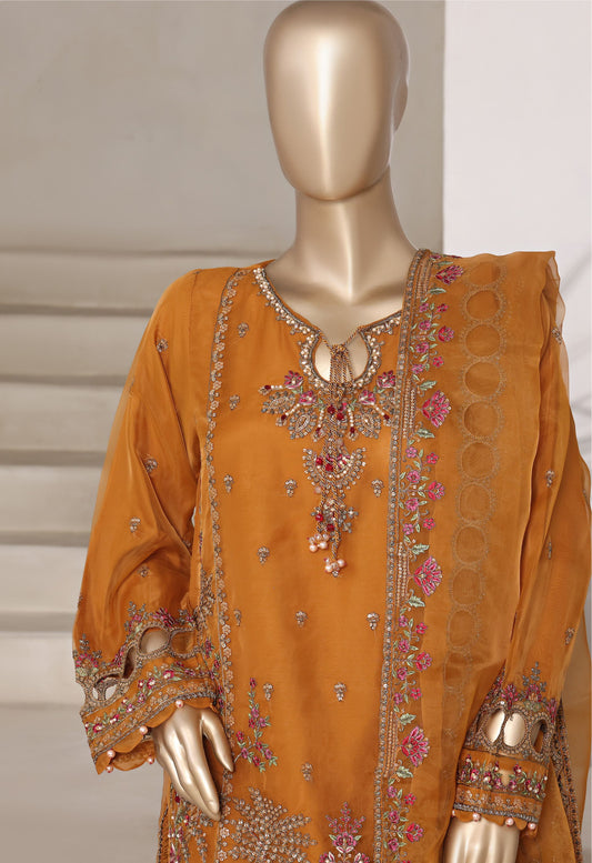 Mustard Embroidered Cutwork Organza Suit with Farshi Salwar - Sadabahar