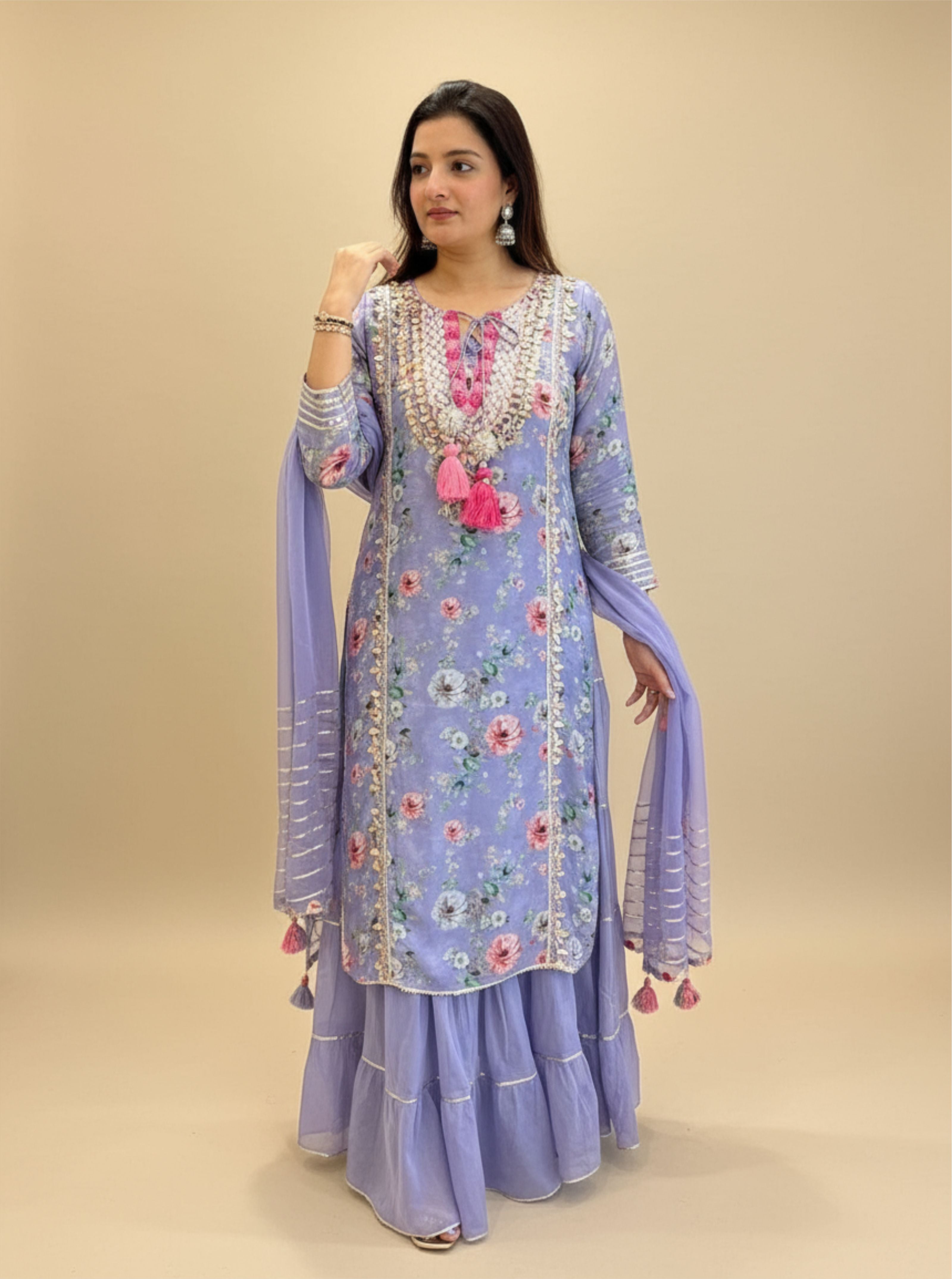 Embroidered Printed Linen Suit Set – Lavender Floral Skirt Elegant Festive Attire