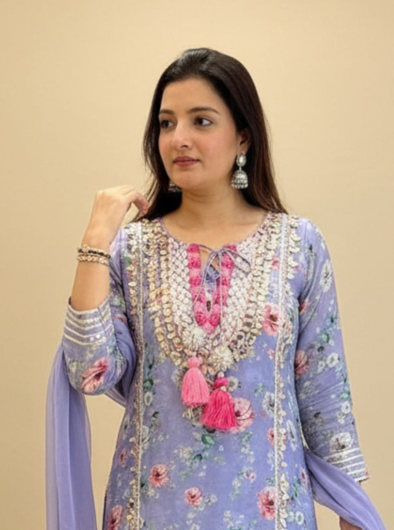 Embroidered Printed Linen Suit Set – Lavender Floral Skirt Elegant Festive Attire