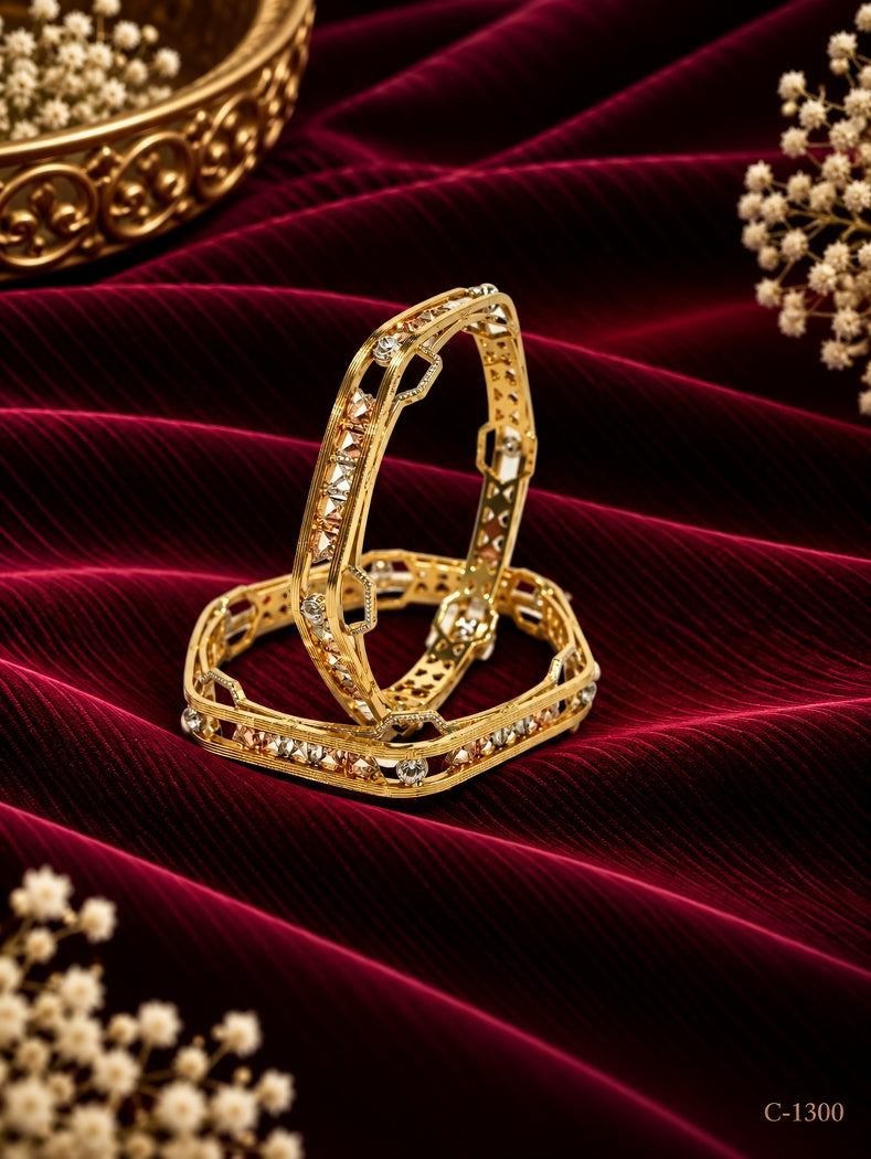 Elegant Gold Plated Geometric Bangles with Stone work Jewellery Set