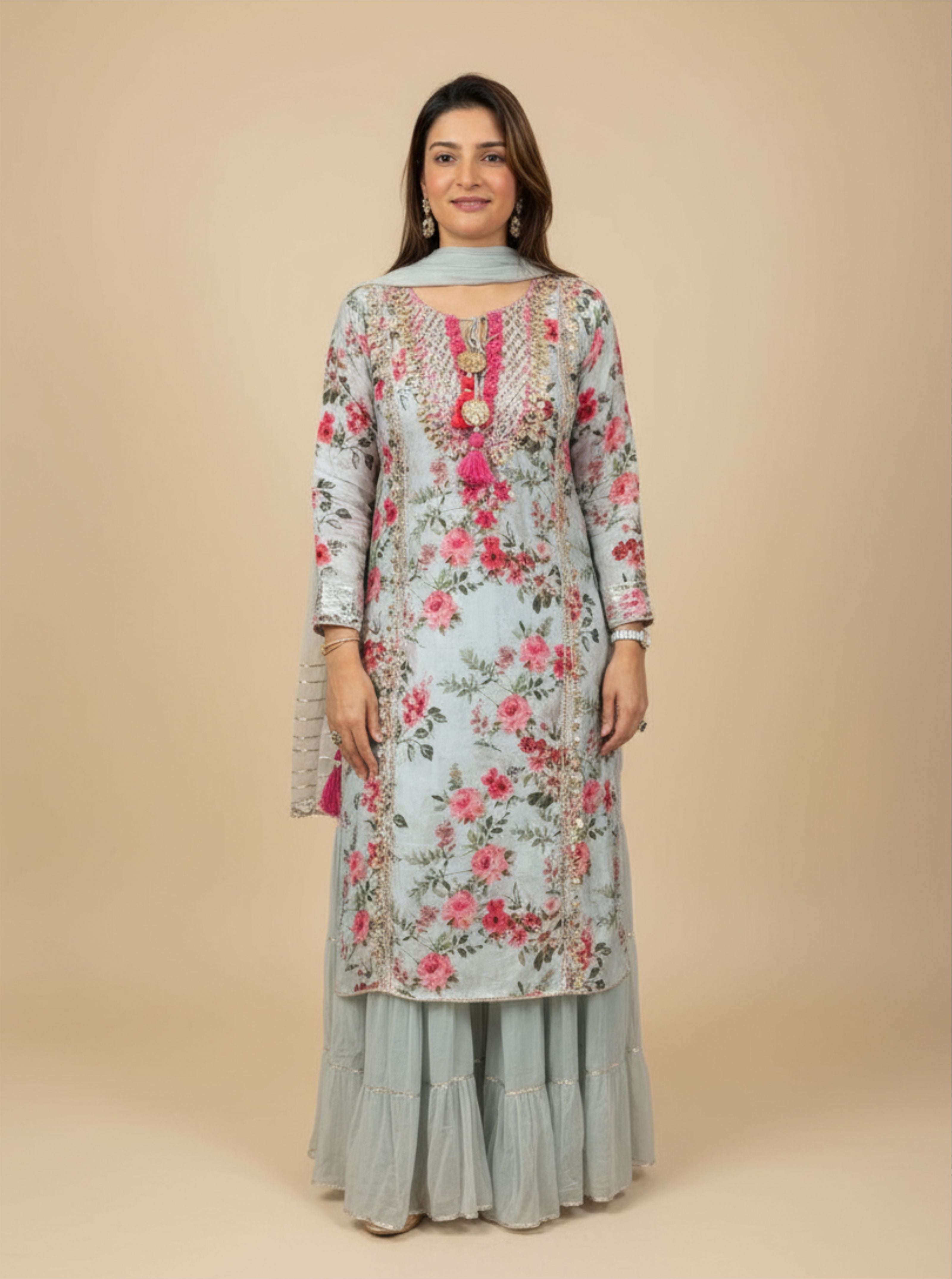 Aqua Pink Floral Skirt Elegant Ensemble Embroidered Printed Linen Suit Set