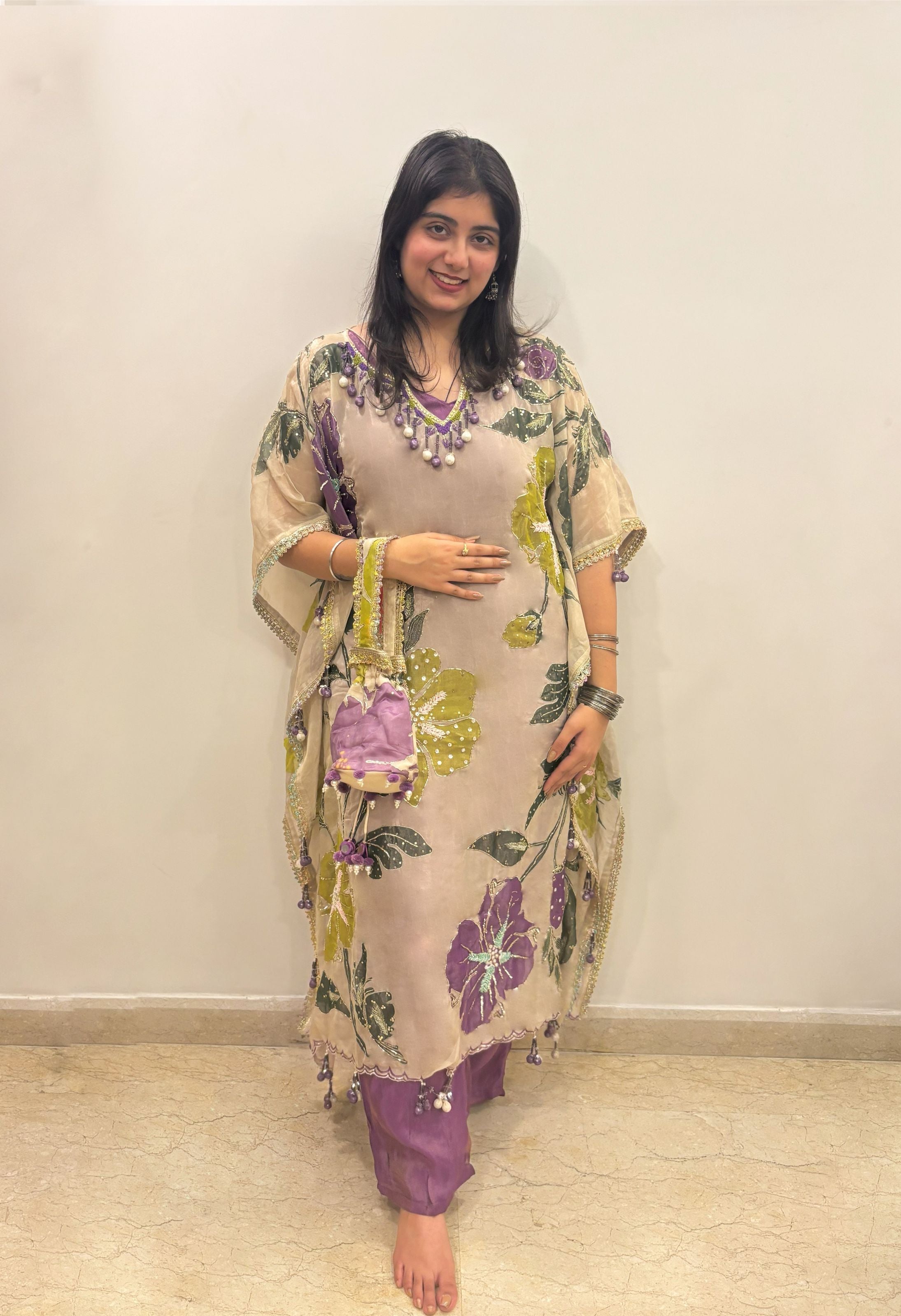 Floral Organza Suit with Dupatta and Potli Bag