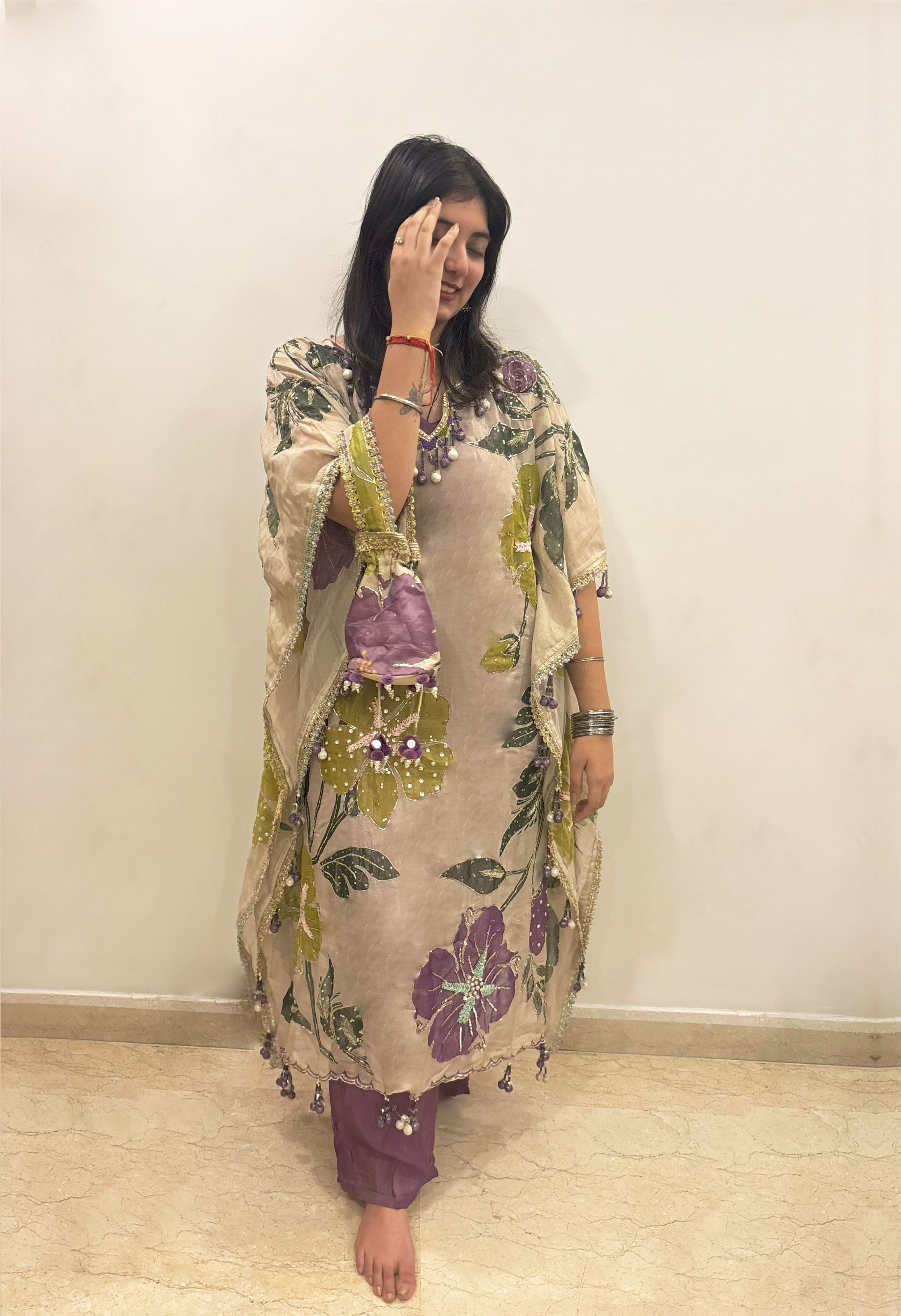 Floral Organza Suit with Dupatta and Potli Bag