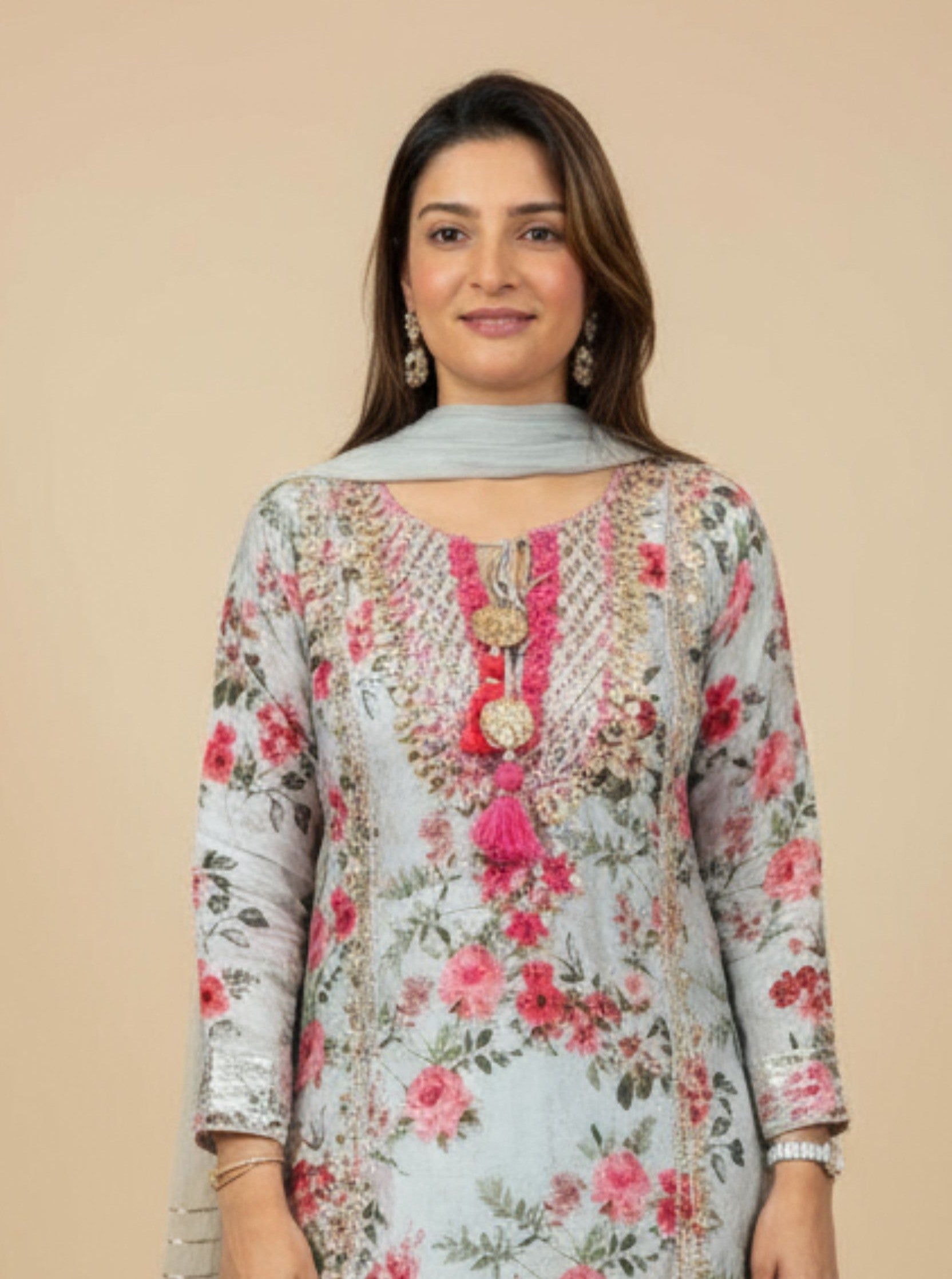 Aqua Pink Floral Skirt Elegant Ensemble Embroidered Printed Linen Suit Set