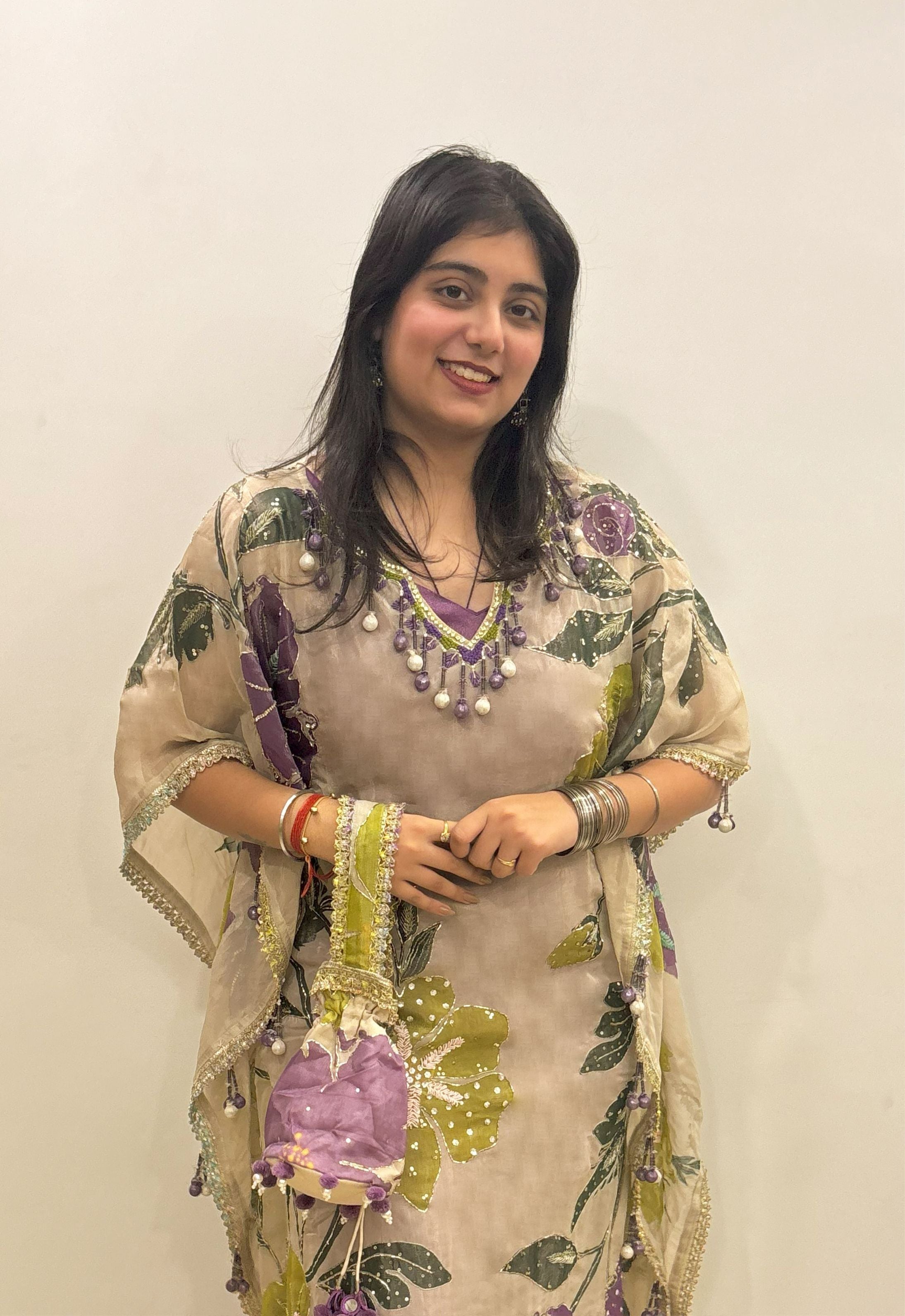 Floral Organza Suit with Dupatta and Potli Bag