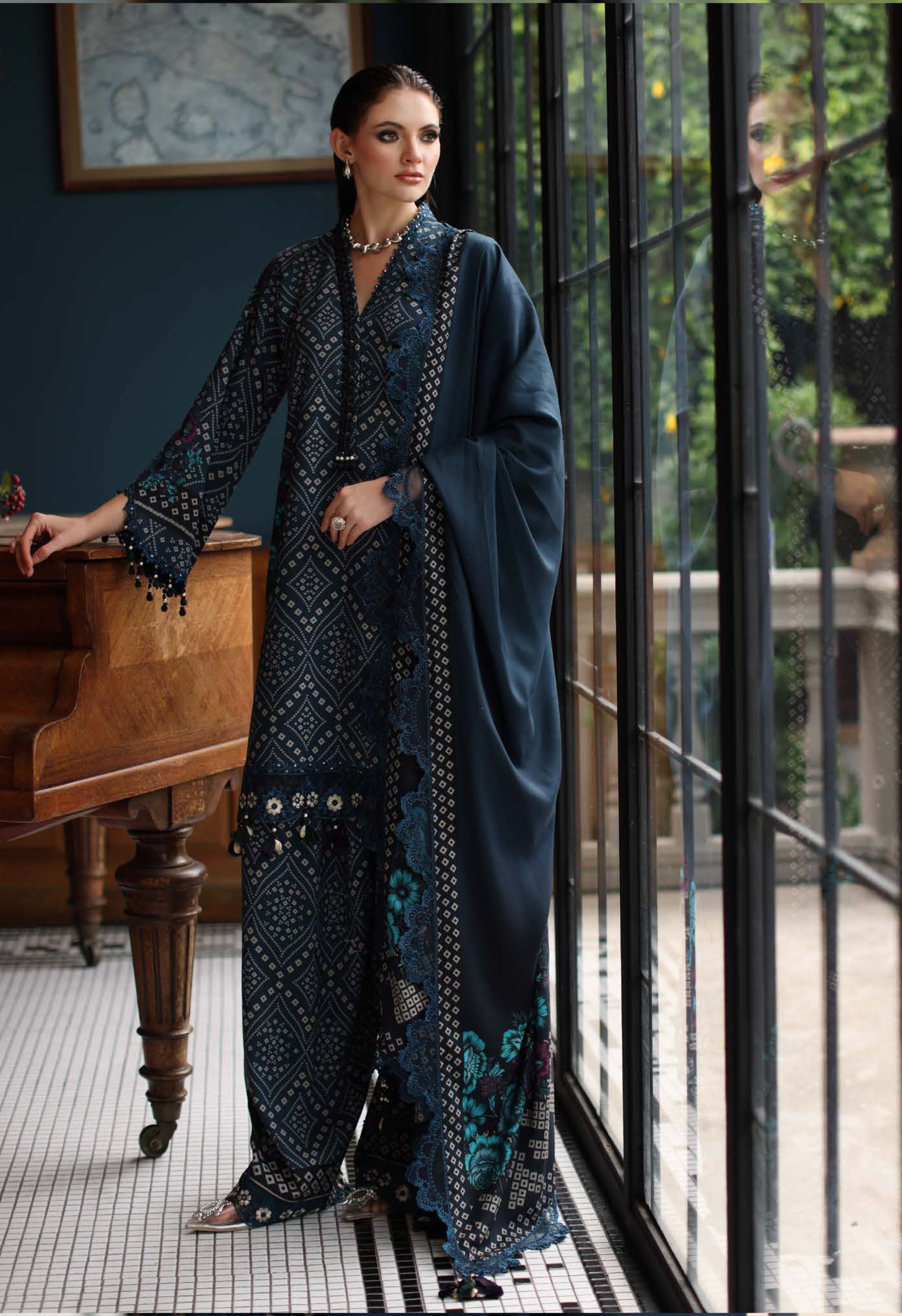 Blue Diamond Pattern Festive Attire Print Linen Suit Set - Charizma's Collection