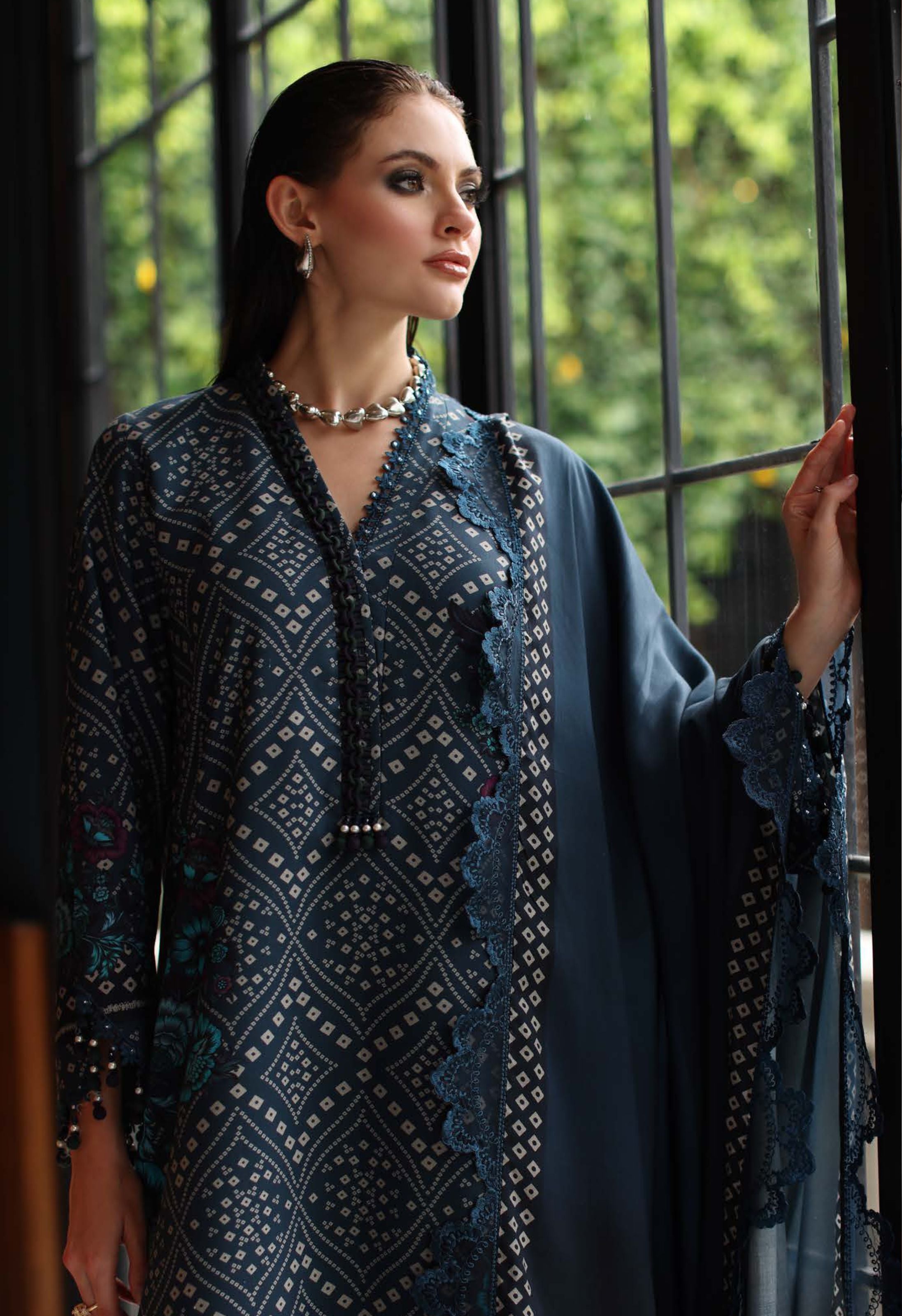 Blue Diamond Pattern Festive Attire Print Linen Suit Set - Charizma's Collection
