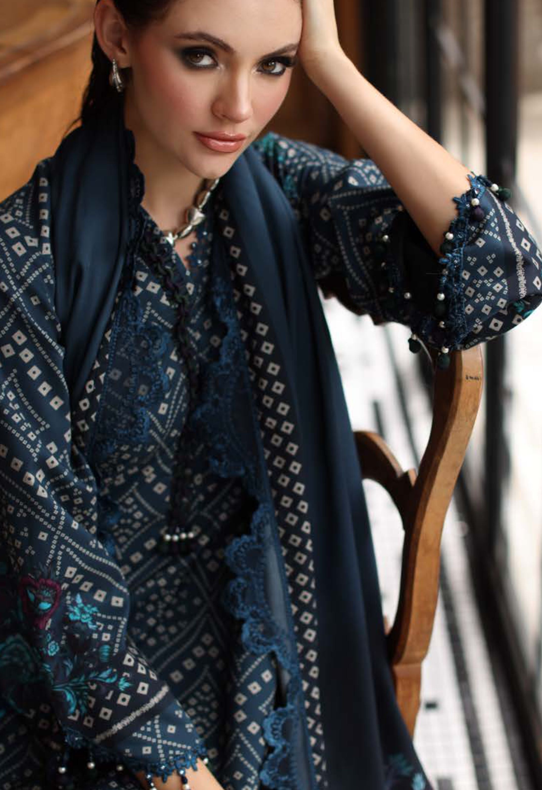 Blue Diamond Pattern Festive Attire Print Linen Suit Set - Charizma's Collection