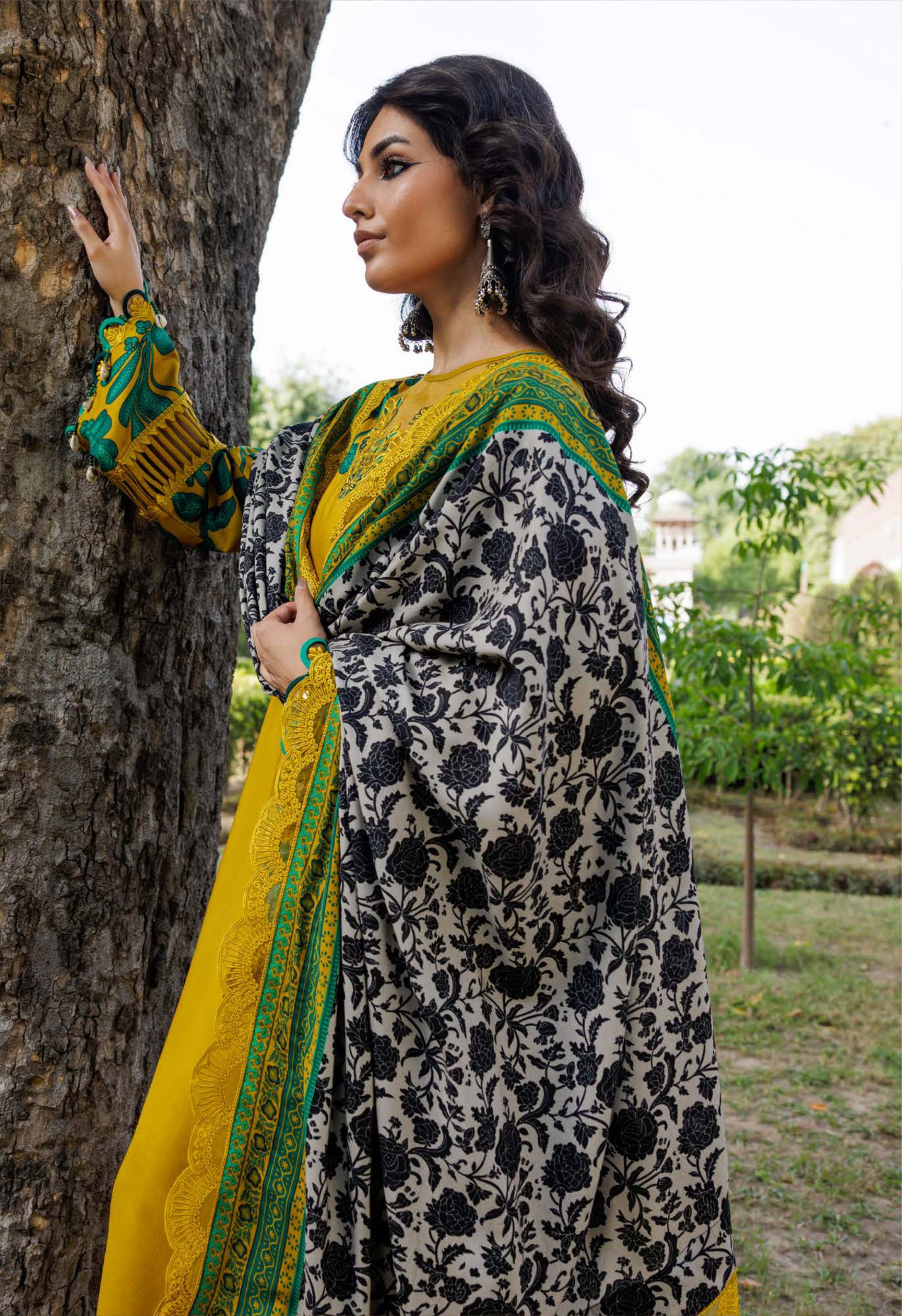 Embroidered Printed Linen Suit Set Festive Mustard Green - Charizma Collection