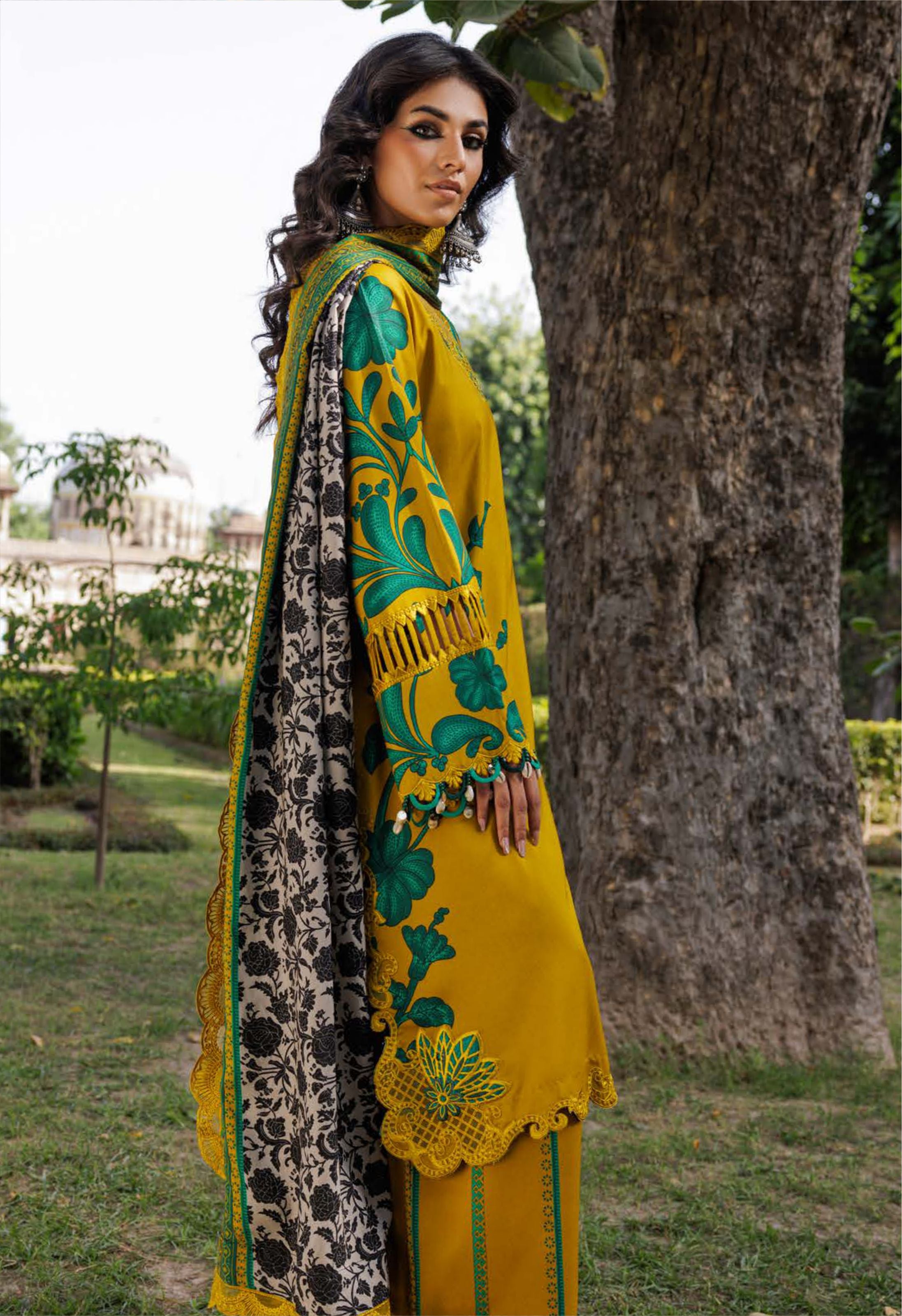 Embroidered Printed Linen Suit Set Festive Mustard Green - Charizma Collection