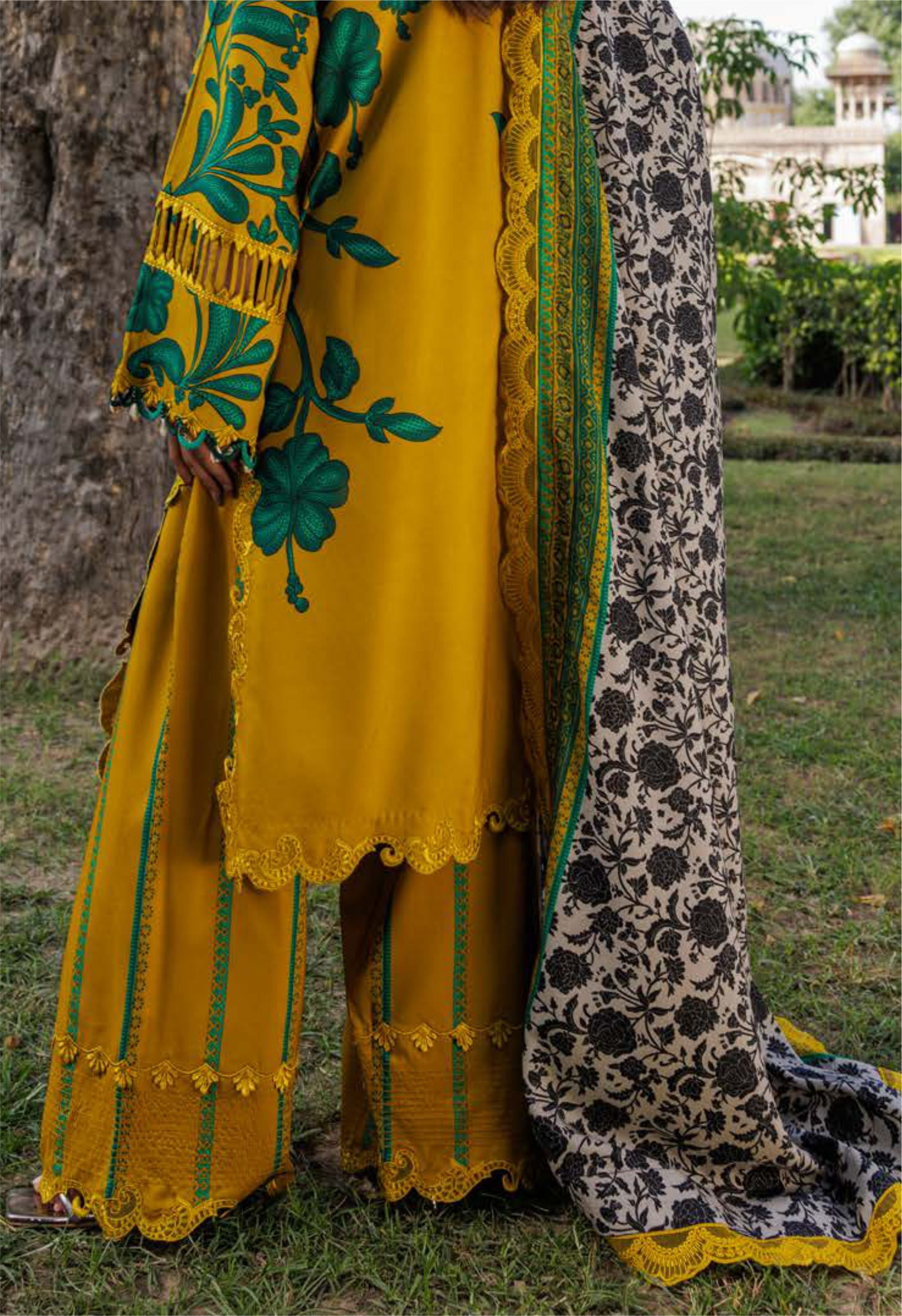 Embroidered Printed Linen Suit Set Festive Mustard Green - Charizma Collection