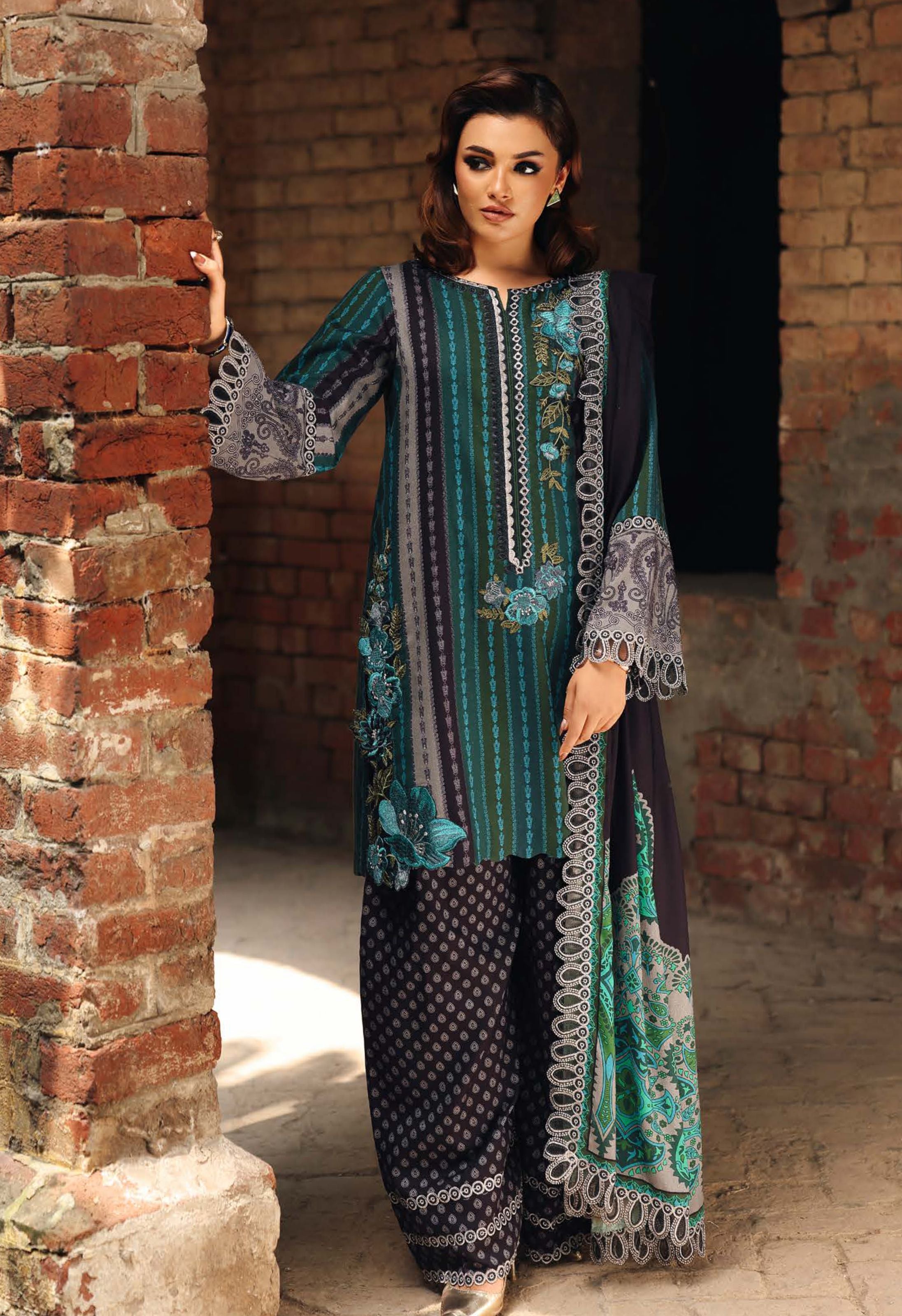 Stylish Teal Black Embroidered Printed Linen Suit Set - Charizma's Collection