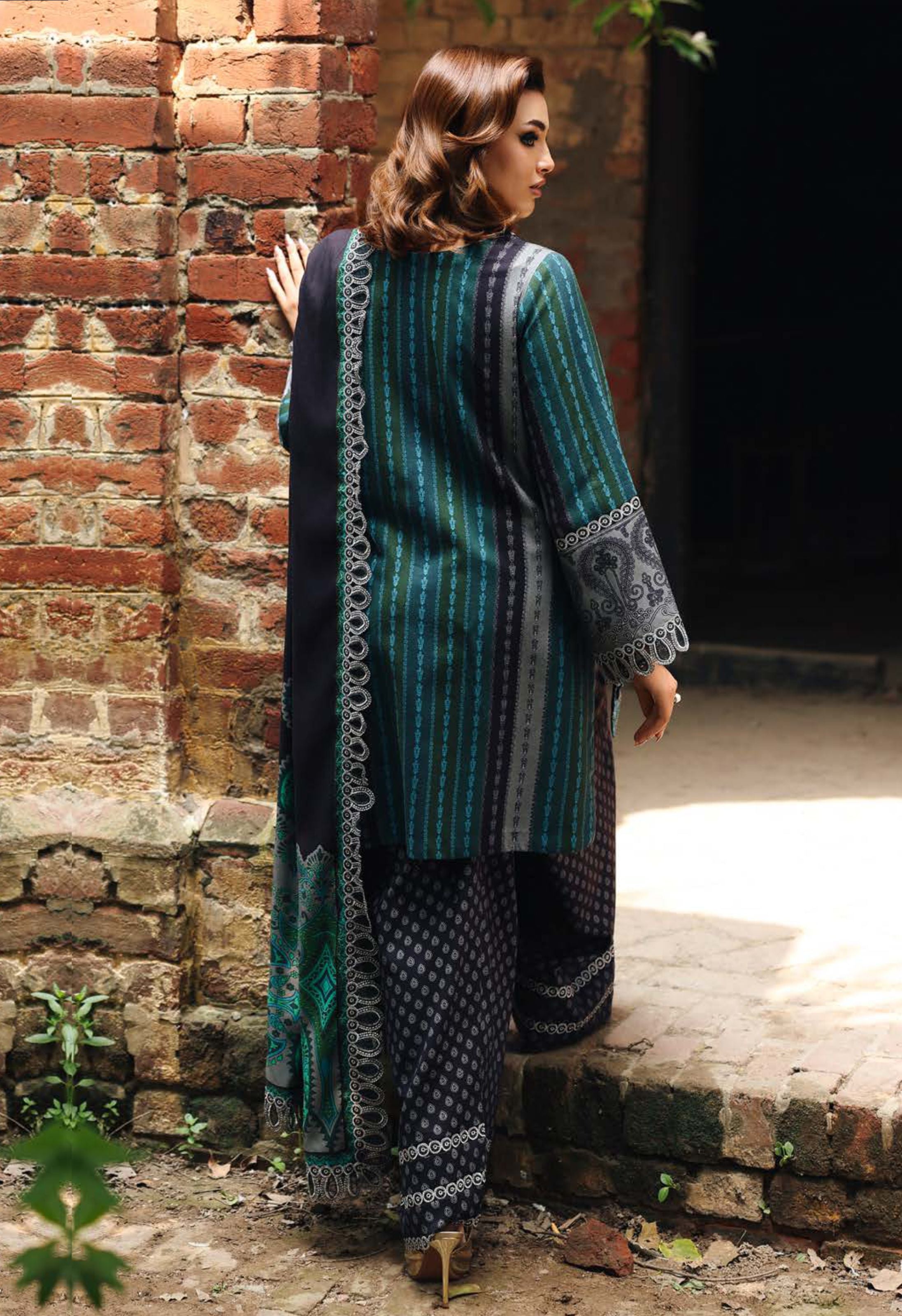 Stylish Teal Black Embroidered Printed Linen Suit Set - Charizma's Collection
