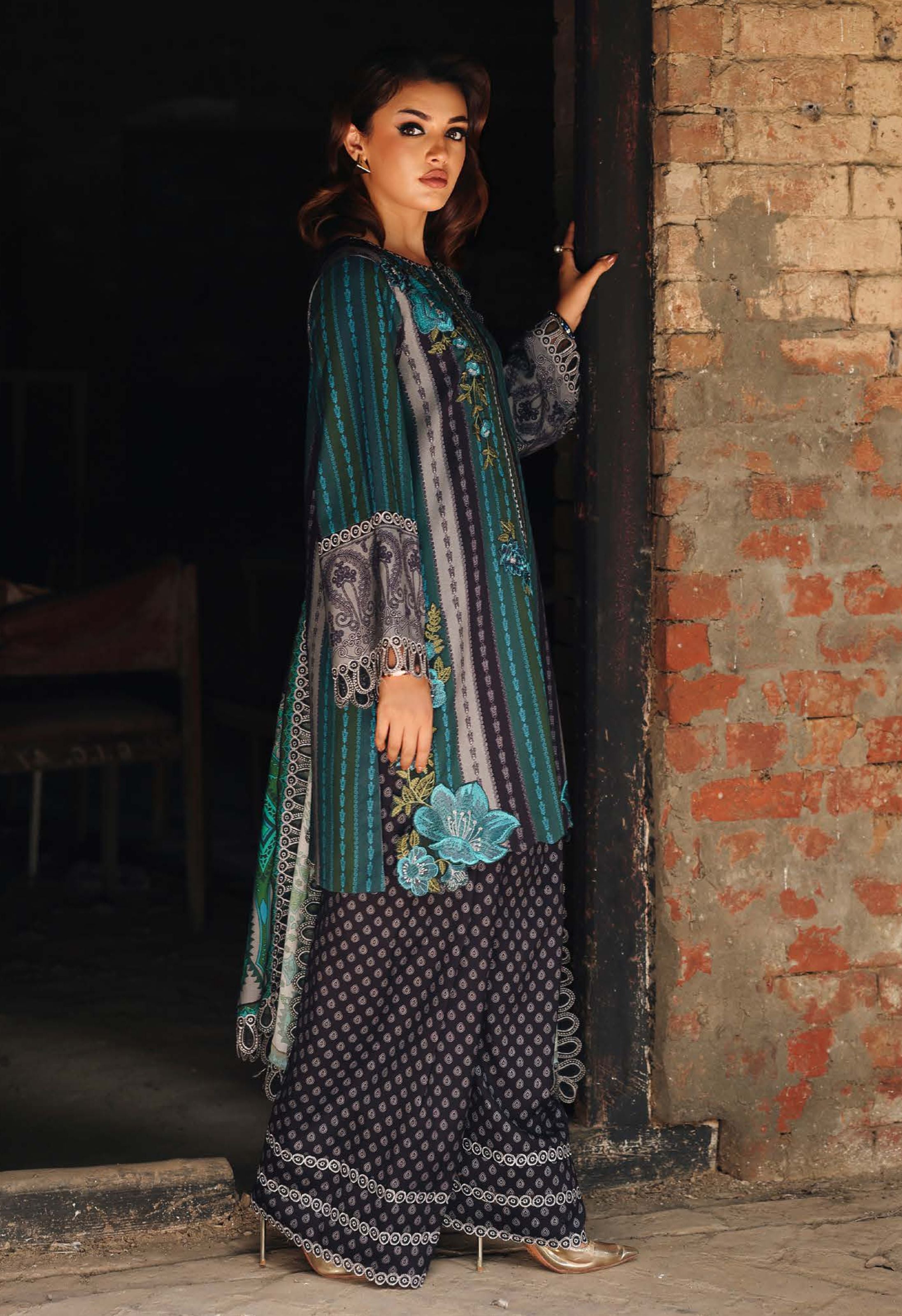 Stylish Teal Black Embroidered Printed Linen Suit Set - Charizma's Collection