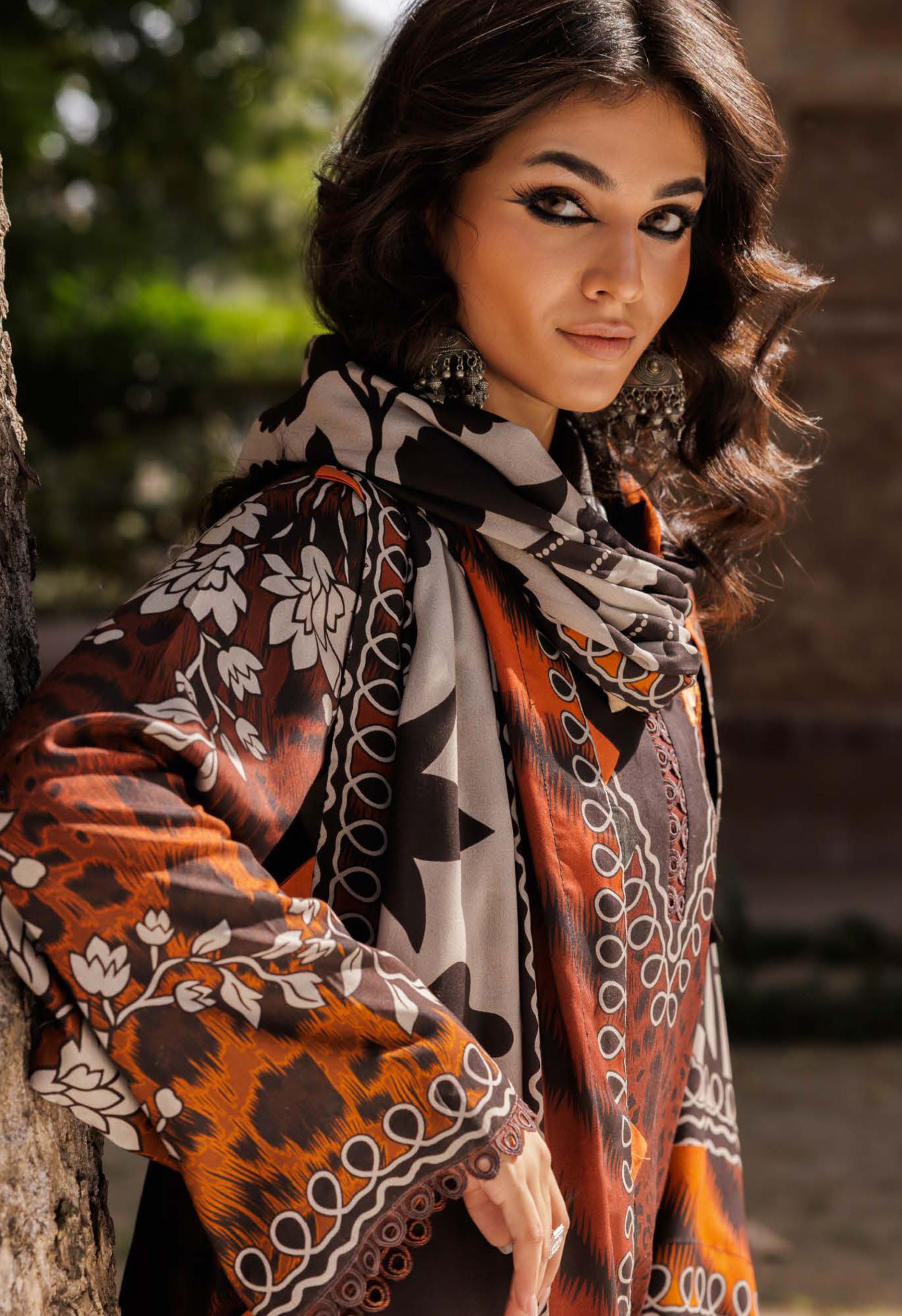 Brown Animal Print Embroidered Printed Linen Suit Set - Charizma's Collection