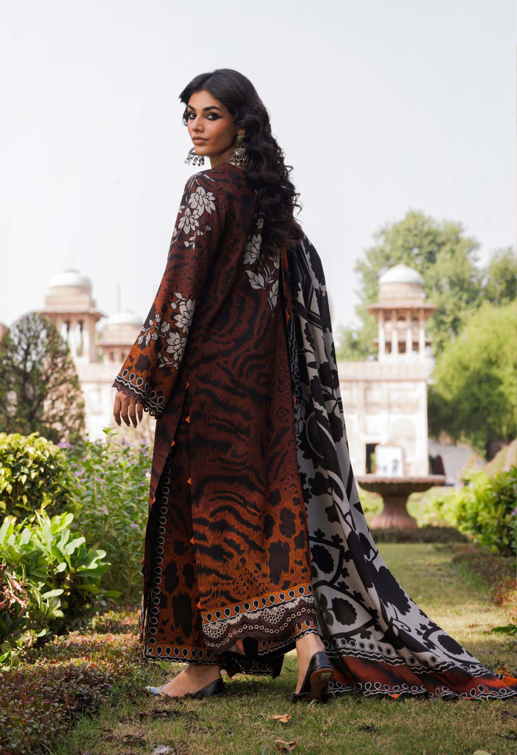 Brown Animal Print Embroidered Printed Linen Suit Set - Charizma's Collection