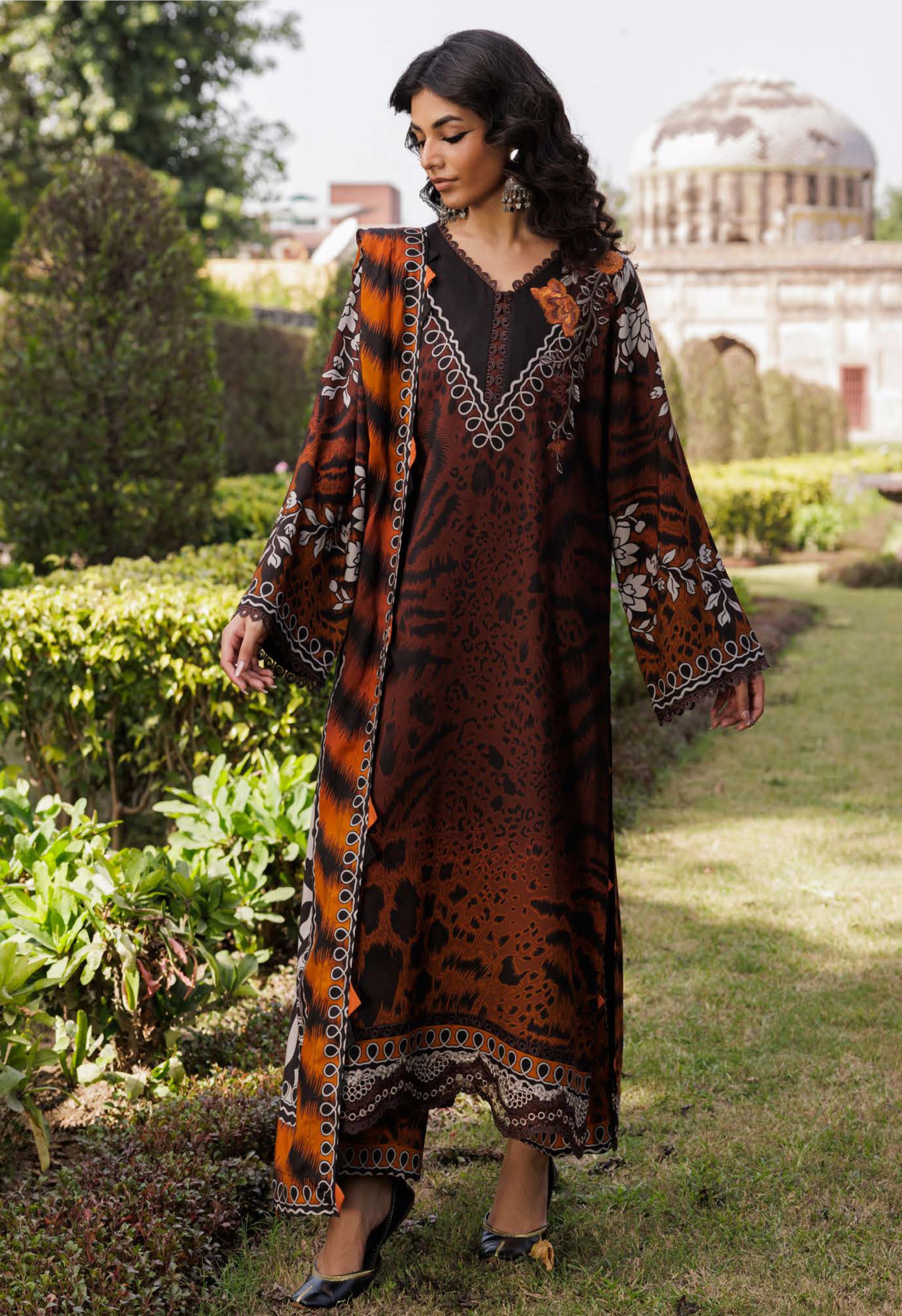 Brown Animal Print Embroidered Printed Linen Suit Set - Charizma's Collection