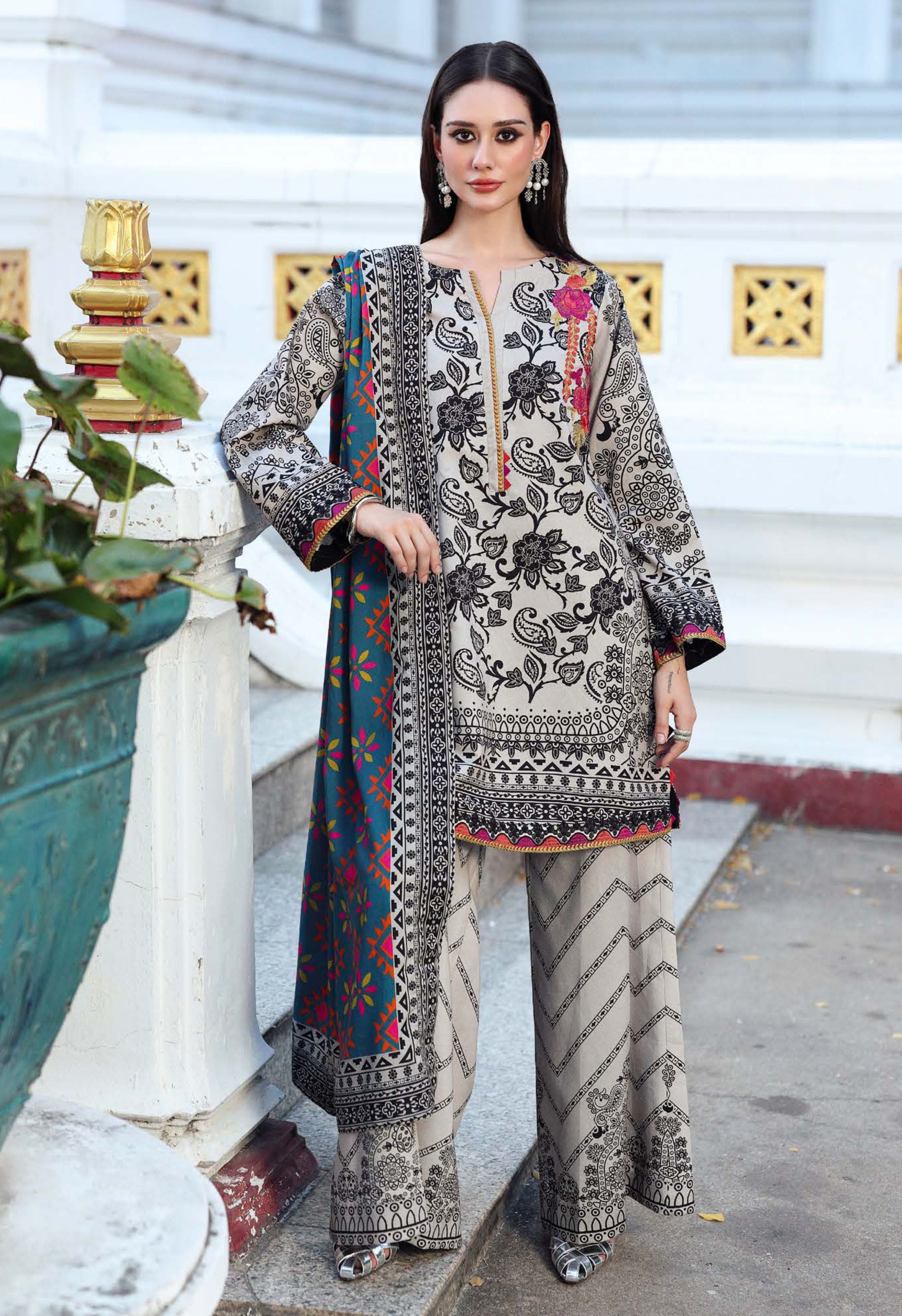 Classic Monochrome Floral Embroidered Printed Linen Suit Set - Charizma's Collection