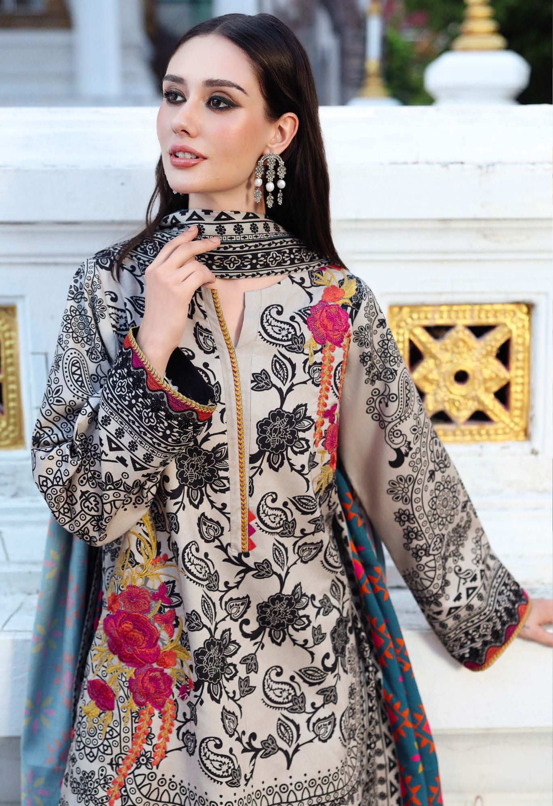 Classic Monochrome Floral Embroidered Printed Linen Suit Set - Charizma's Collection
