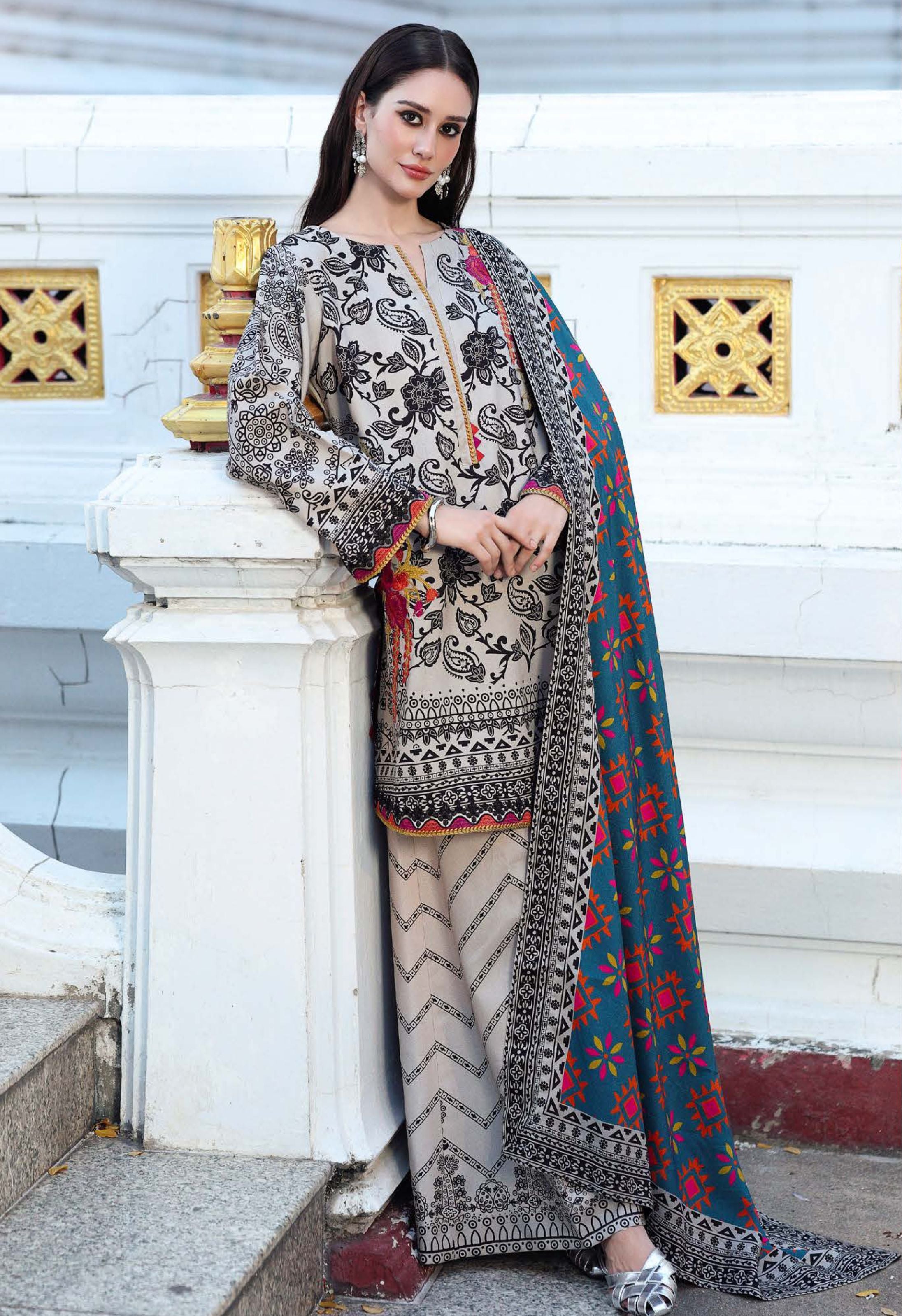 Classic Monochrome Floral Embroidered Printed Linen Suit Set - Charizma's Collection