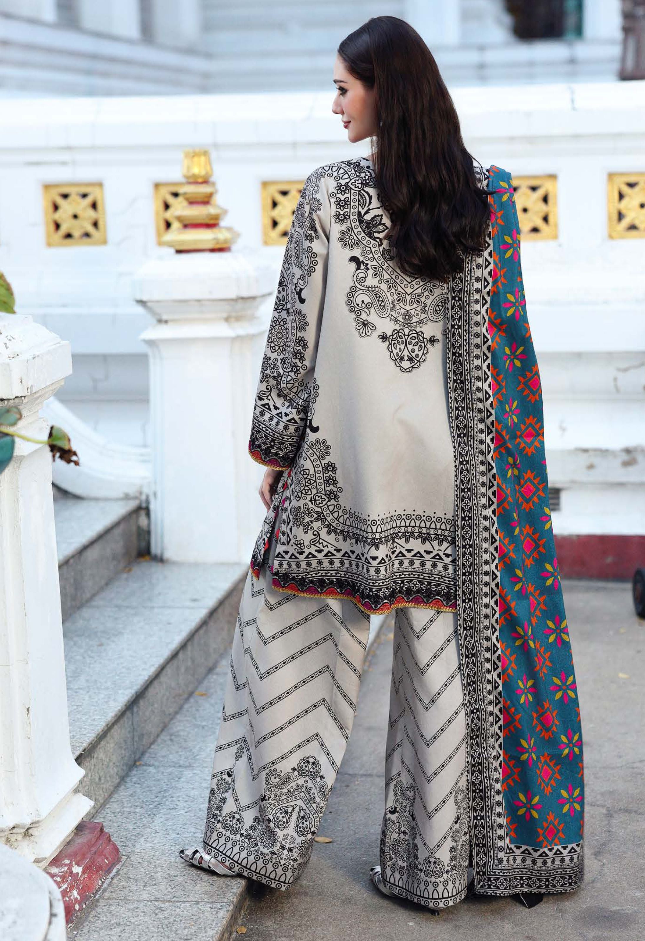 Classic Monochrome Floral Embroidered Printed Linen Suit Set - Charizma's Collection