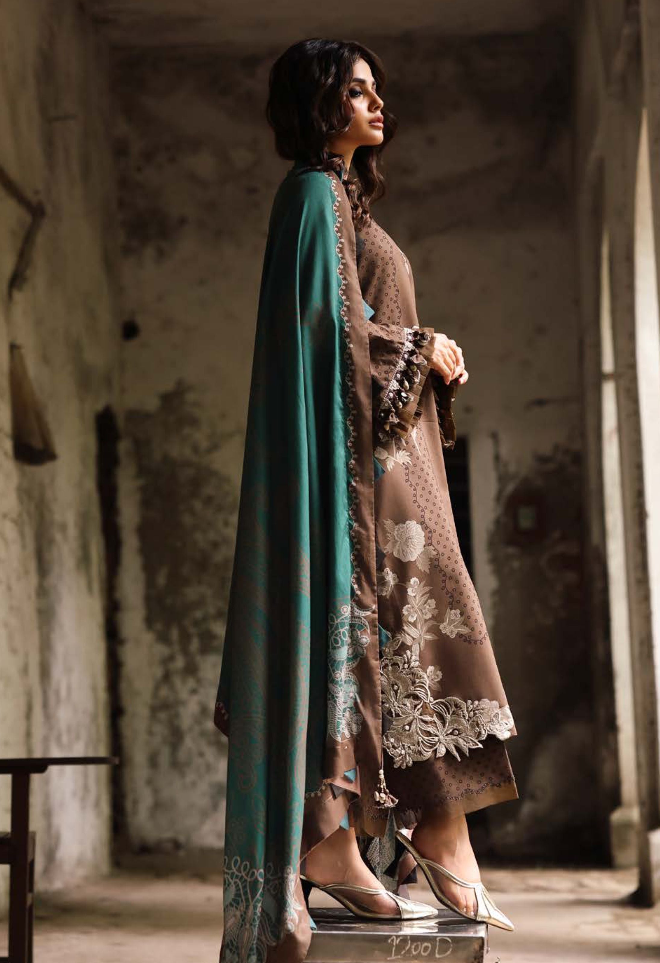 Elegant Brown Polka Floral Embroidered Printed Linen Suit Set - Charizma's Collection