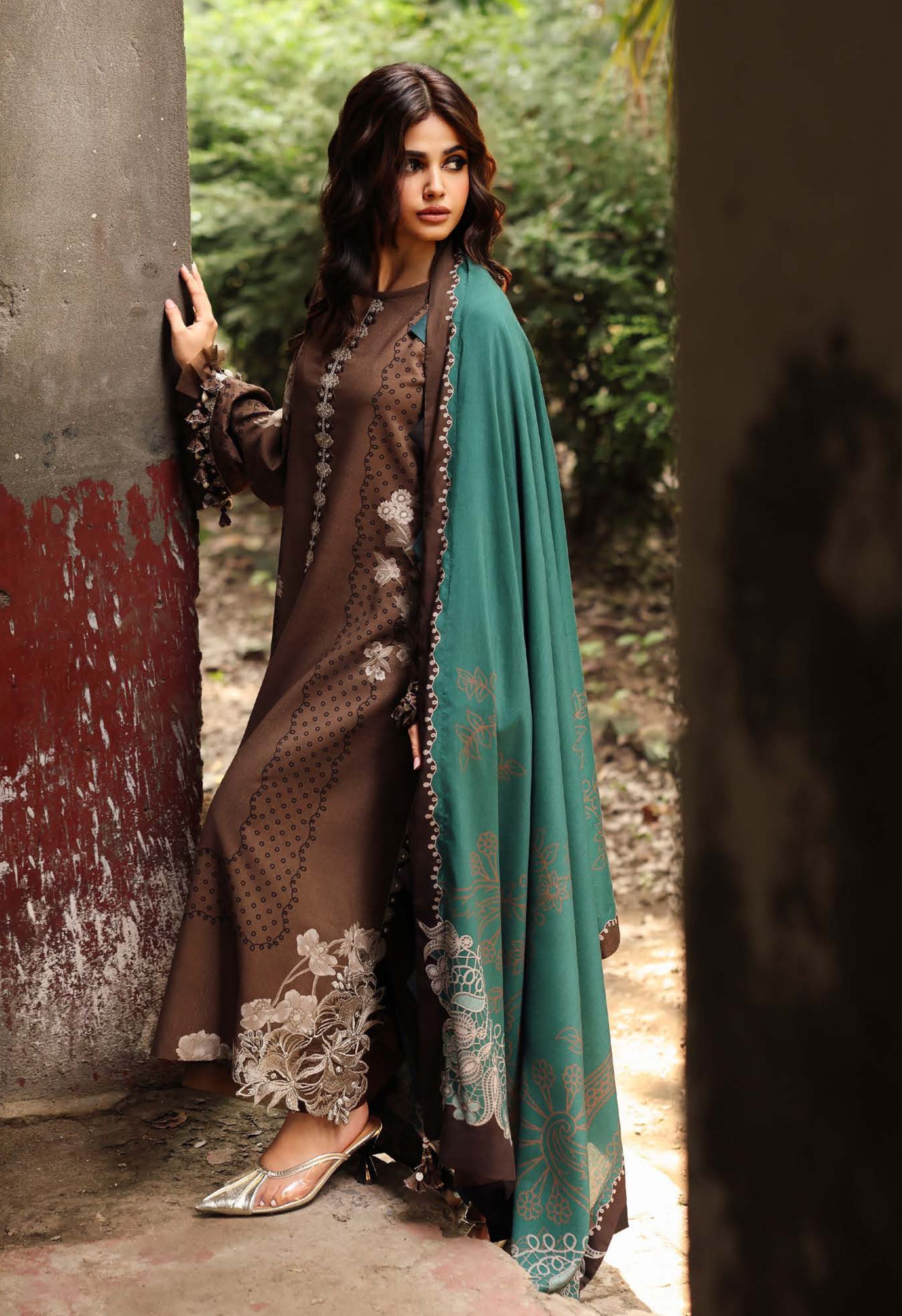 Elegant Brown Polka Floral Embroidered Printed Linen Suit Set - Charizma's Collection