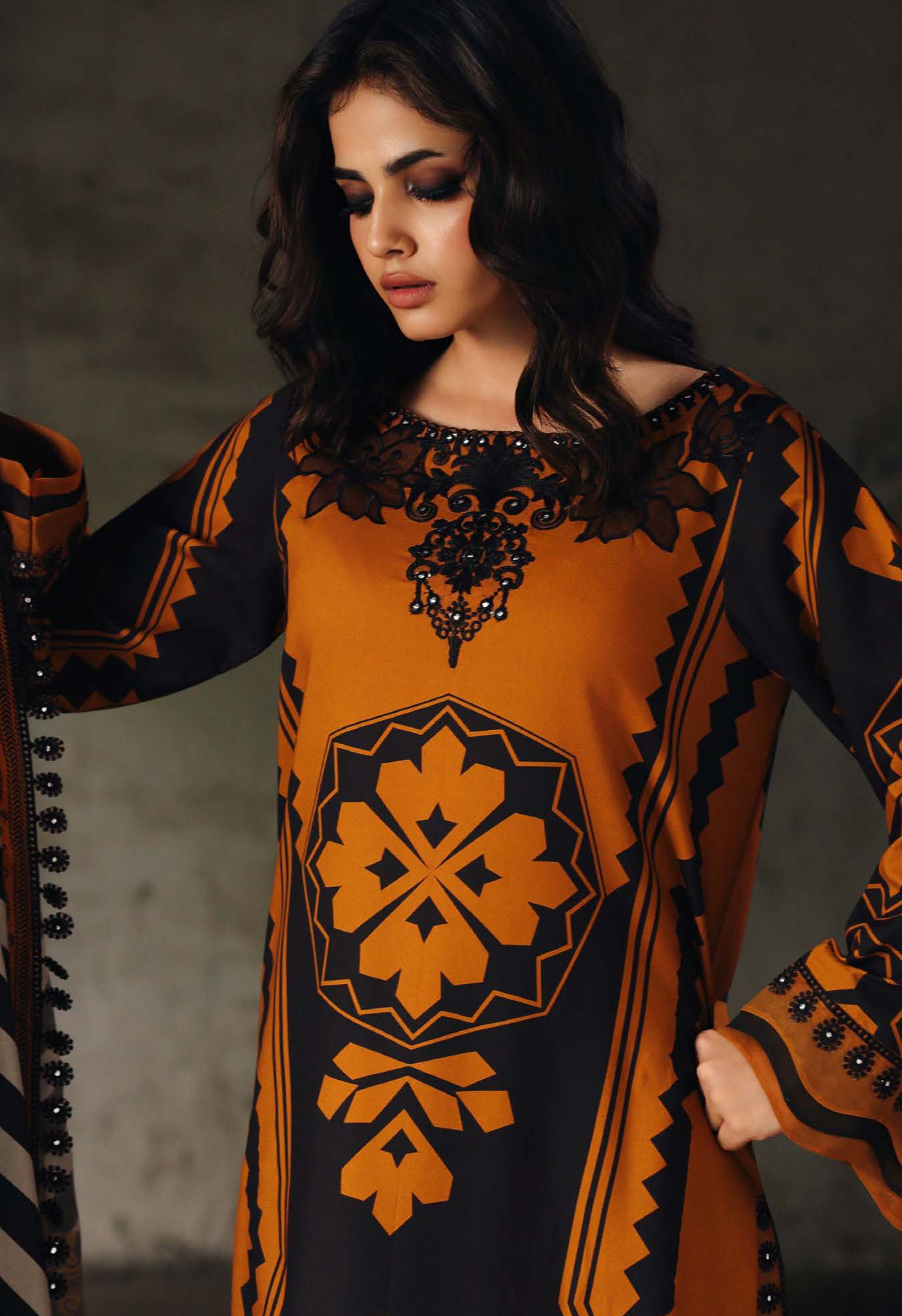 Mustard Black Geometric Printed Linen Suit Set - Charizma's Collection