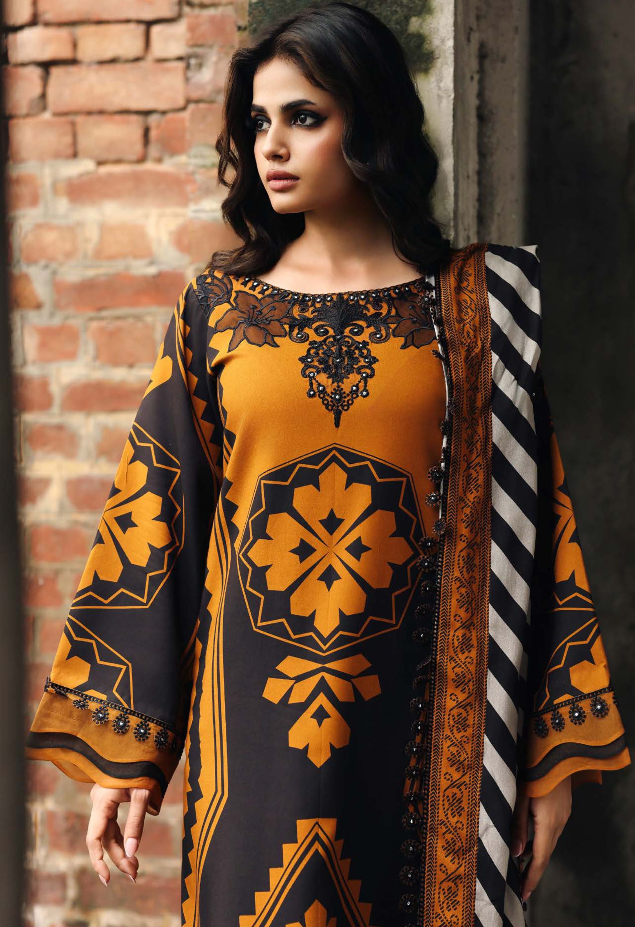 Mustard Black Geometric Printed Linen Suit Set - Charizma's Collection