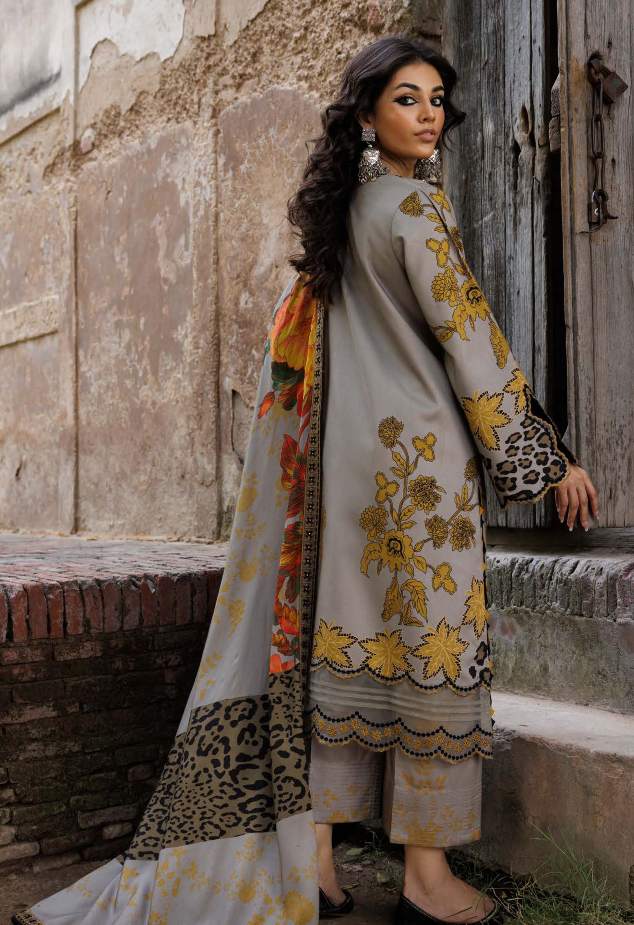 Grey Yellow Floral Animal Print Linen Suit Set - Charizma's Collection