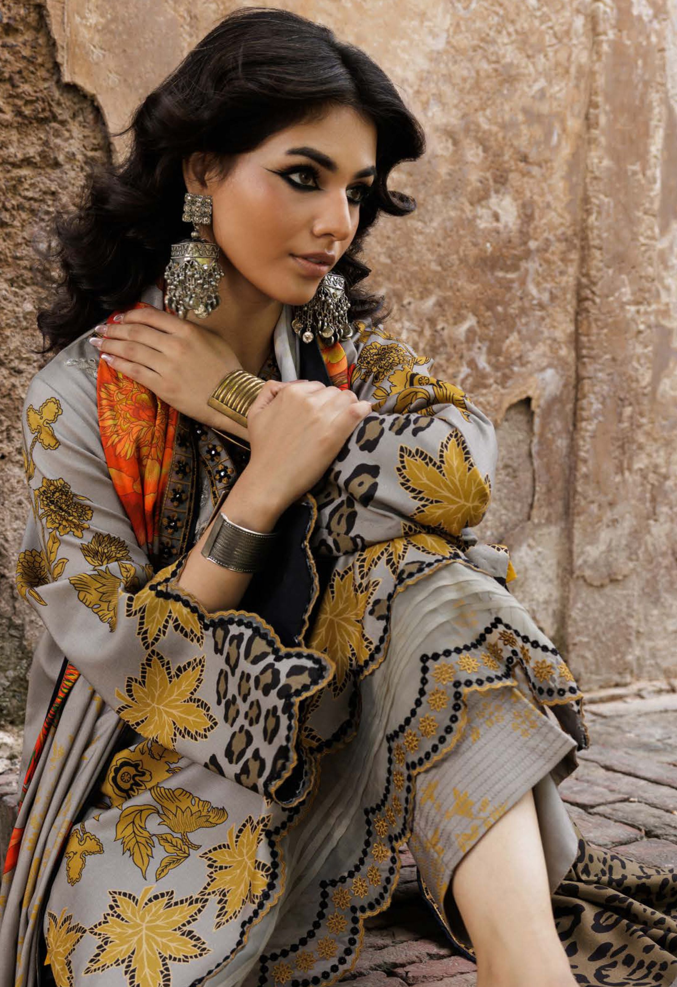 Grey Yellow Floral Animal Print Linen Suit Set - Charizma's Collection