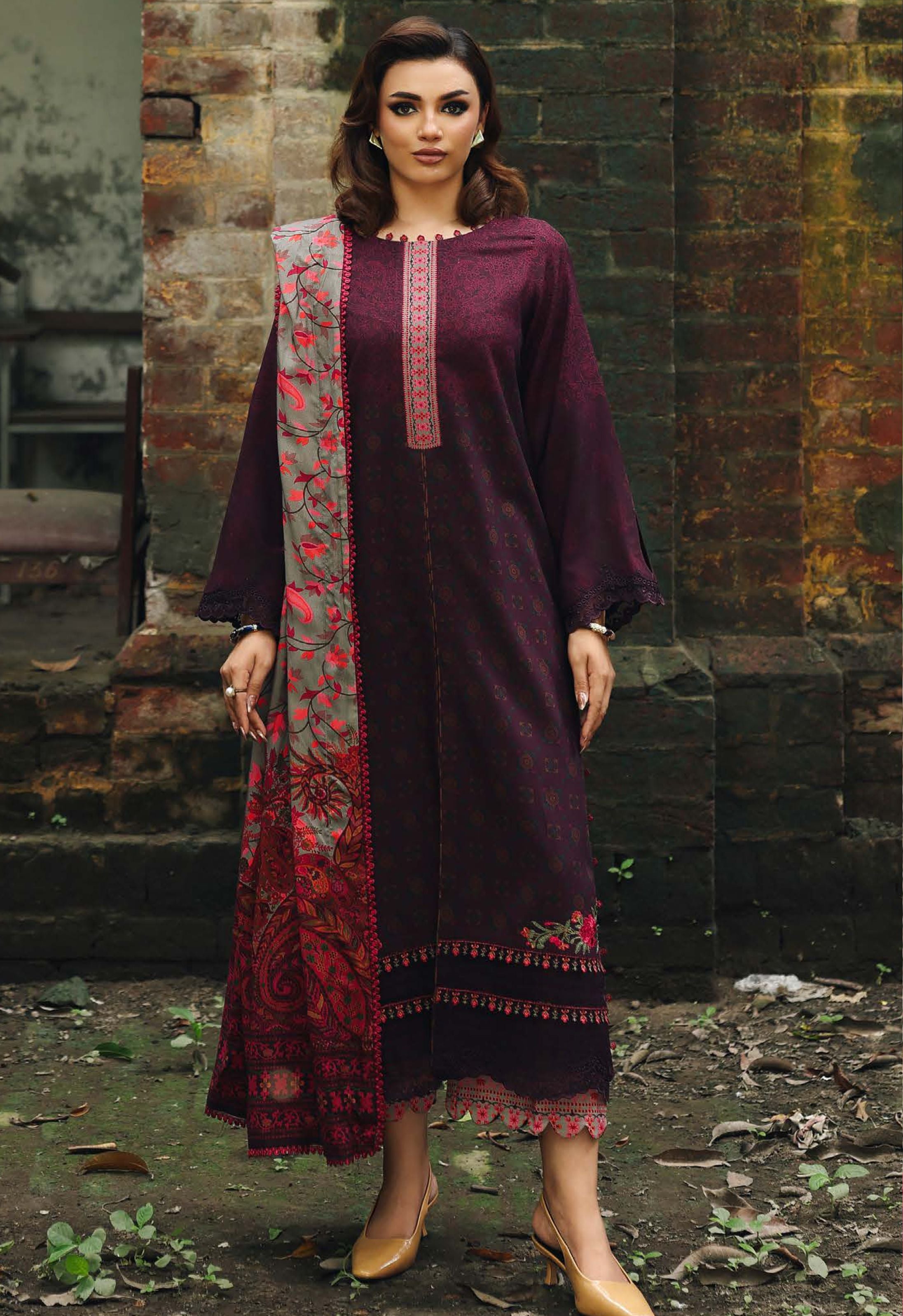 Maroon Red Floral Festive Print Linen Suit Set - Charizma's Collection